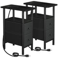 Narrow Nightstand with Charging Station, End Tables Living Room Set of 2, Skinny Side Table with Fabric Drawers, Slim Sofa Table for Bedroom, Small Spaces, Couch, Rustic Brown, HETNDP02PBR