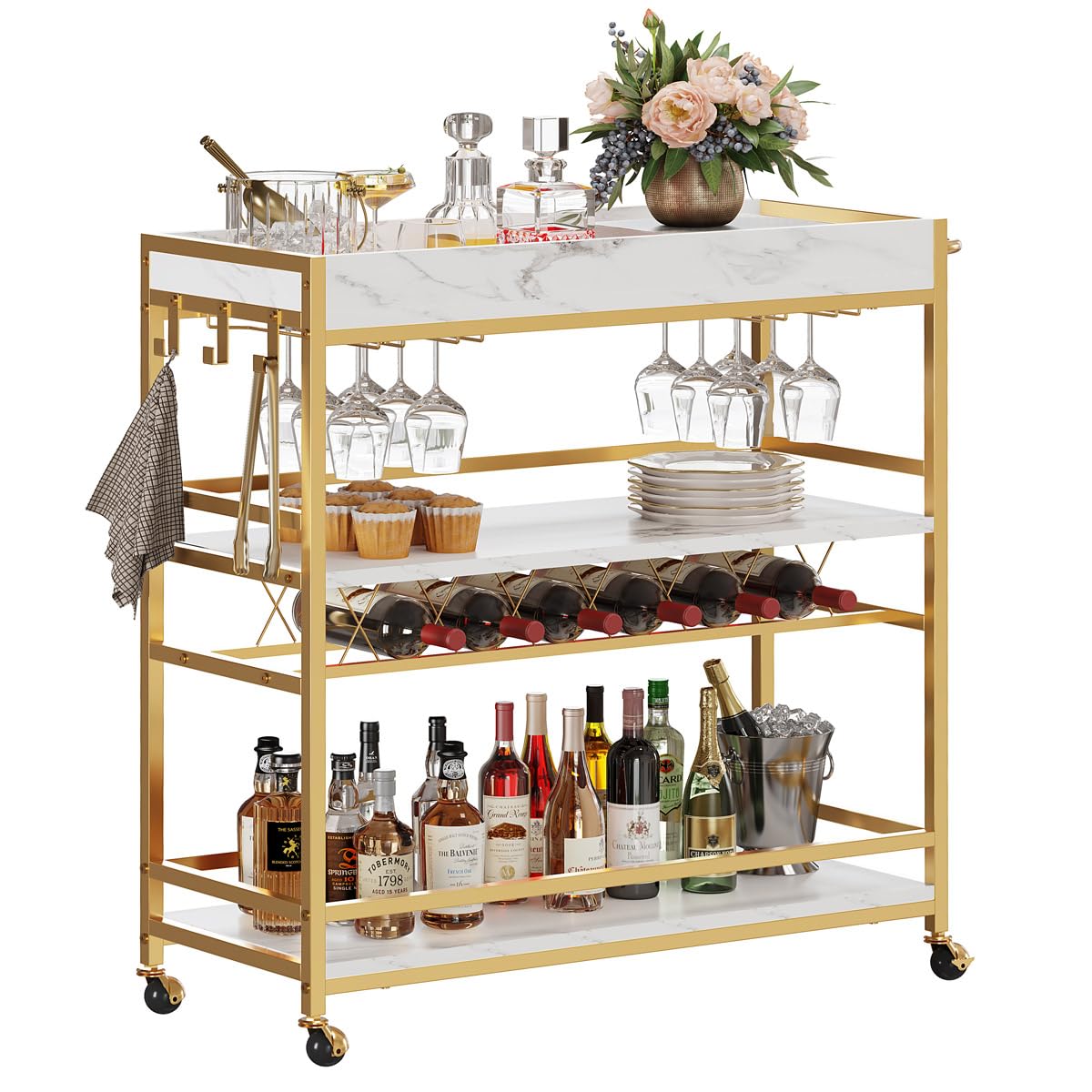 BON AUGURE Bar Cart, Home Bar Serving Cart on Wheels, Mobile 3 Tier Liquor Beverage Carts with Wine Rack and Glass Holder (Grey Oak)