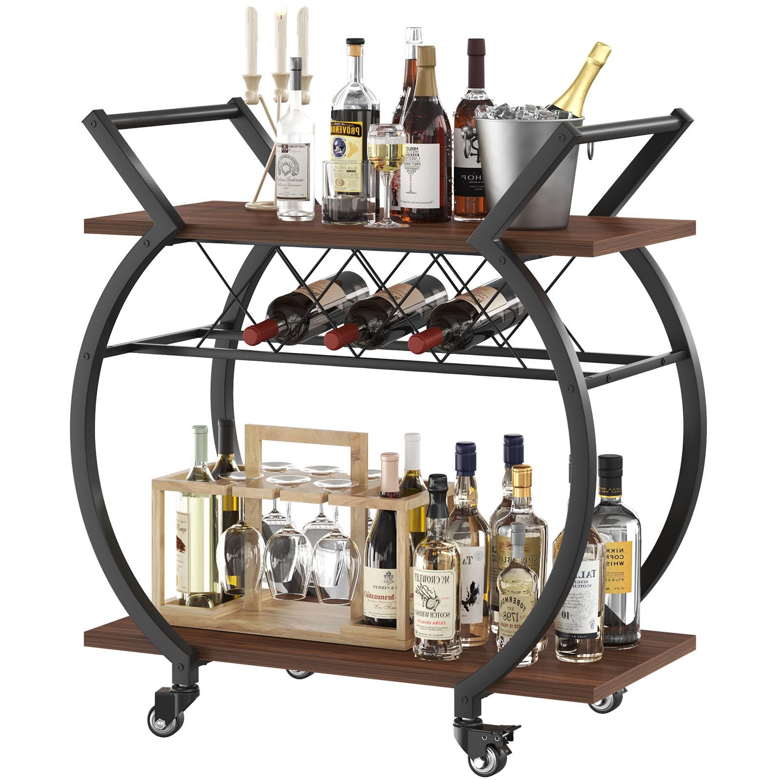 LVB Black Wine Cart with Wheels, Modern Bar Cart with Wine Rack, Industrial Beverage Rolling Kitchen Serving Cart with Storage, Metal Wooden Microwave Drink Liquor Cart for Home Dining Room, Black Oak