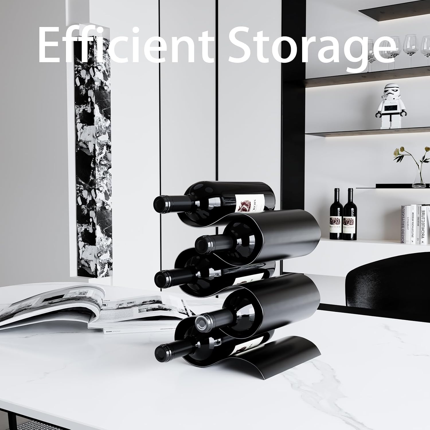 Black Wine Rack Countertop, Modern Metal Wine Rack for Inside Cabinet, Minimalist Small Wine Holder Tabletop, 5 Bottle Wine Display Stand for Wine Storage Organizer Home Kitchen Bar (Black)