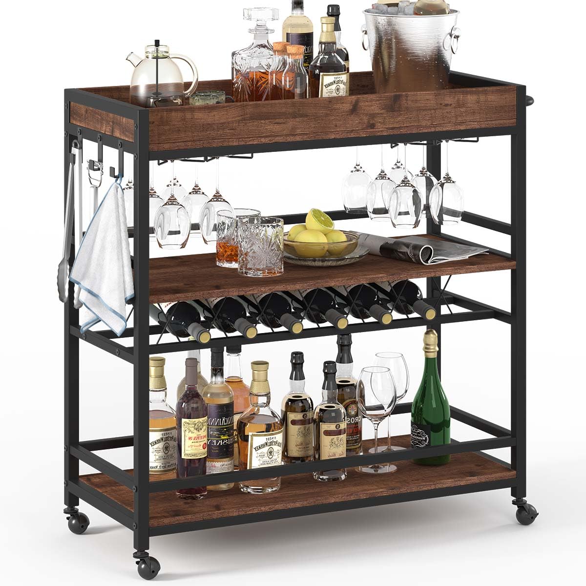 BON AUGURE Bar Cart, Home Bar Serving Cart on Wheels, Mobile 3 Tier Liquor Beverage Carts with Wine Rack and Glass Holder (Grey Oak)