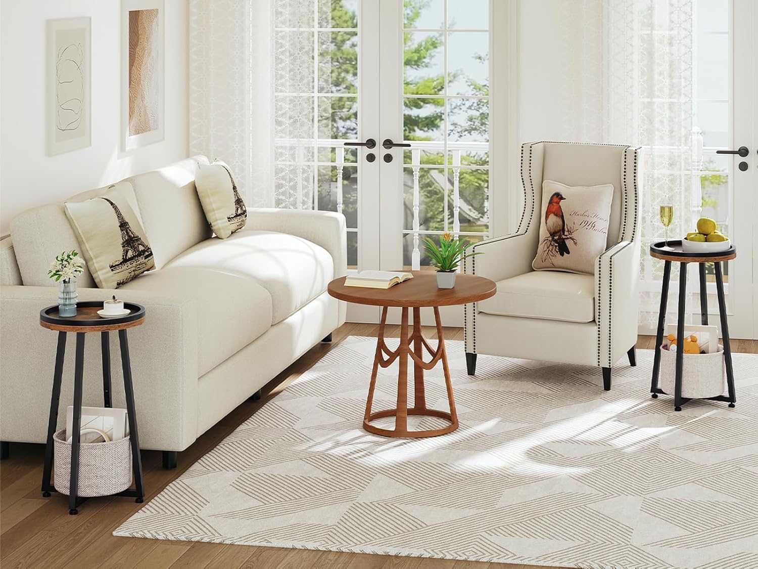 HOOBRO Small Round Side Table, 2-Tier Round Sofa End Table, Compact Nightstand with Cotton Linen Storage Basket, for Small Space, Living Room, Bedroom, Dorm, Rustic Brown BF183BZ01