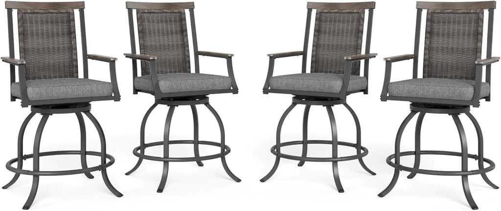 MFSTUDIO Outdoor Counter Height Bar Stool Set of 4, Swivel Rattan Backrest Metal Patio Bar Chair with Armrest and Cushion, All Weather Resistant Patio Chair, Grey