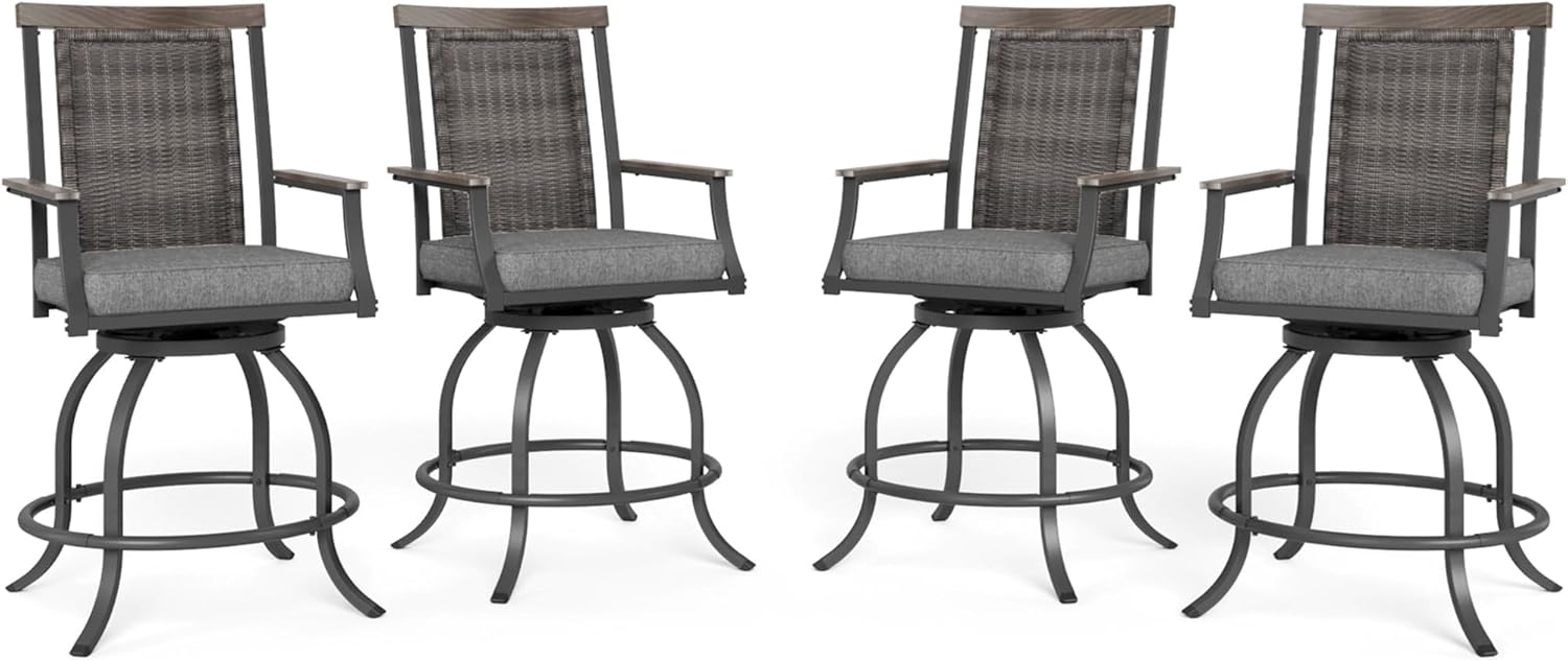 MFSTUDIO Outdoor Counter Height Bar Stool Set of 4, Swivel Rattan Backrest Metal Patio Bar Chair with Armrest and Cushion, All Weather Resistant Patio Chair, Grey
