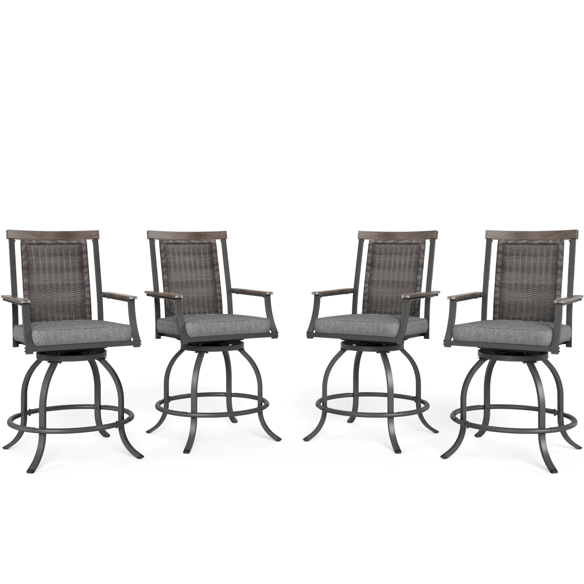 MFSTUDIO Outdoor Counter Height Bar Stool Set of 4, Swivel Rattan Backrest Metal Patio Bar Chair with Armrest and Cushion, All Weather Resistant Patio Chair, Grey