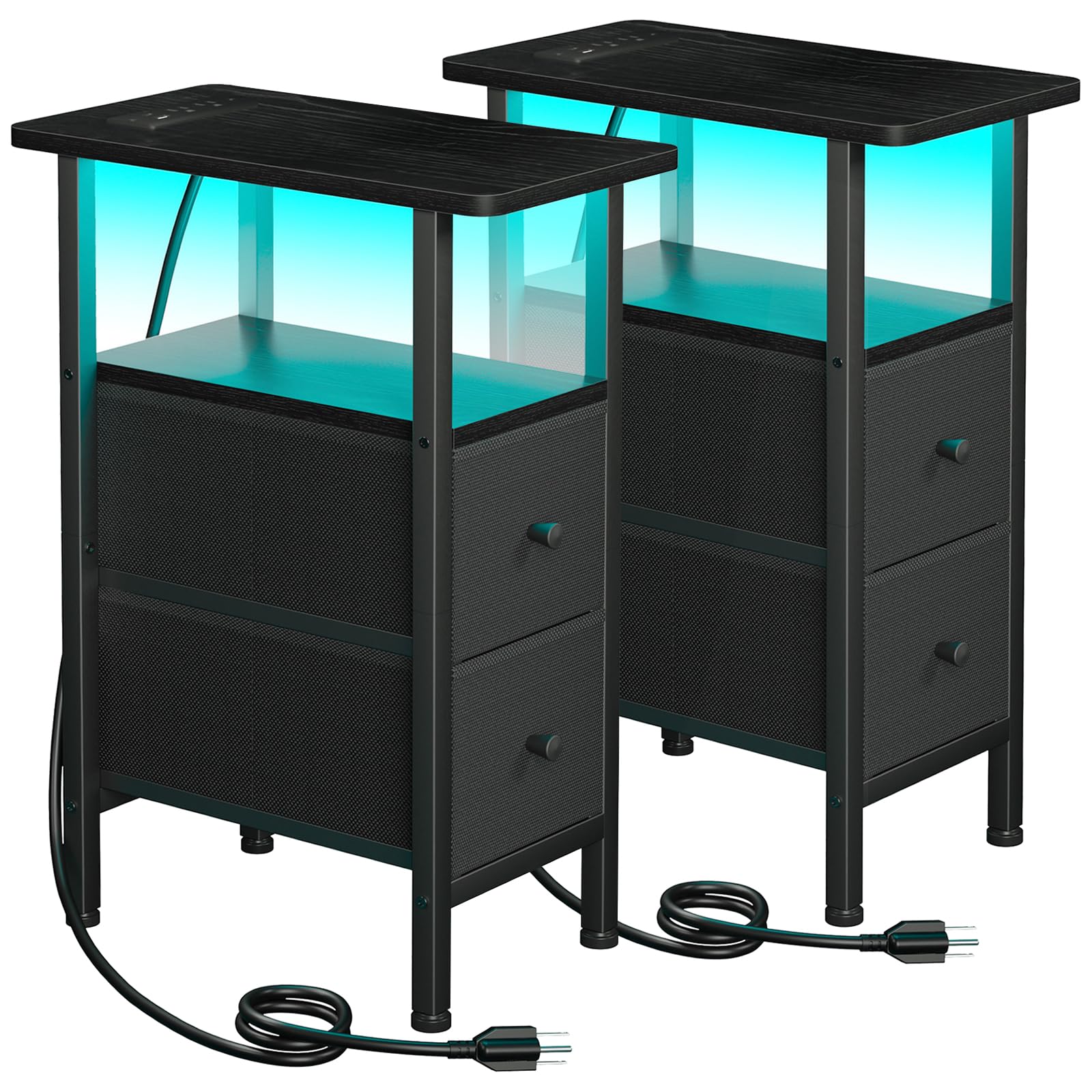 Narrow Nightstand with Charging Station, End Tables Living Room Set of 2, Skinny Side Table with Fabric Drawers, Slim Sofa Table for Bedroom, Small Spaces, Couch, Rustic Brown, HETNDP02PBR