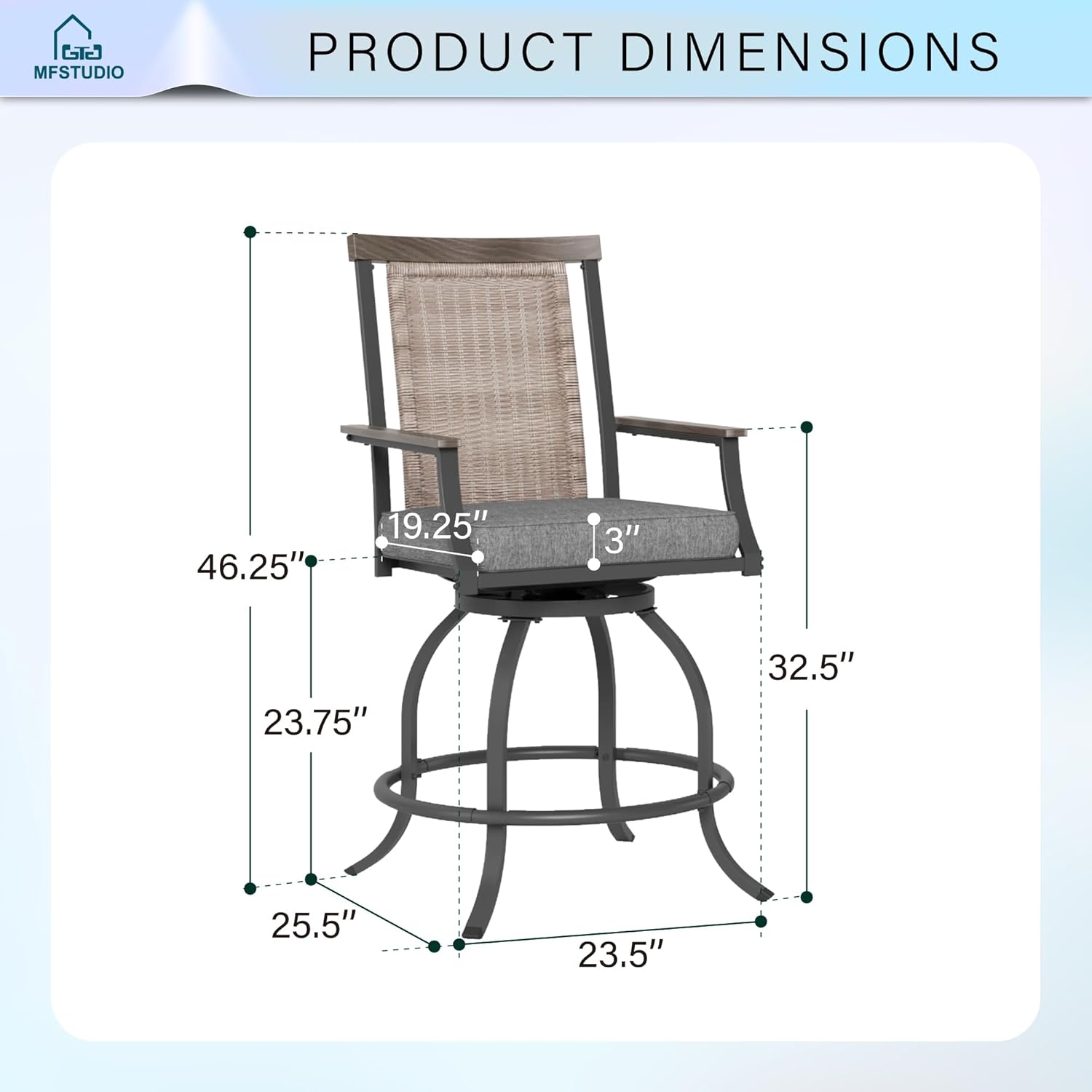 MFSTUDIO Outdoor Counter Height Bar Stool Set of 4, Swivel Rattan Backrest Metal Patio Bar Chair with Armrest and Cushion, All Weather Resistant Patio Chair, Grey