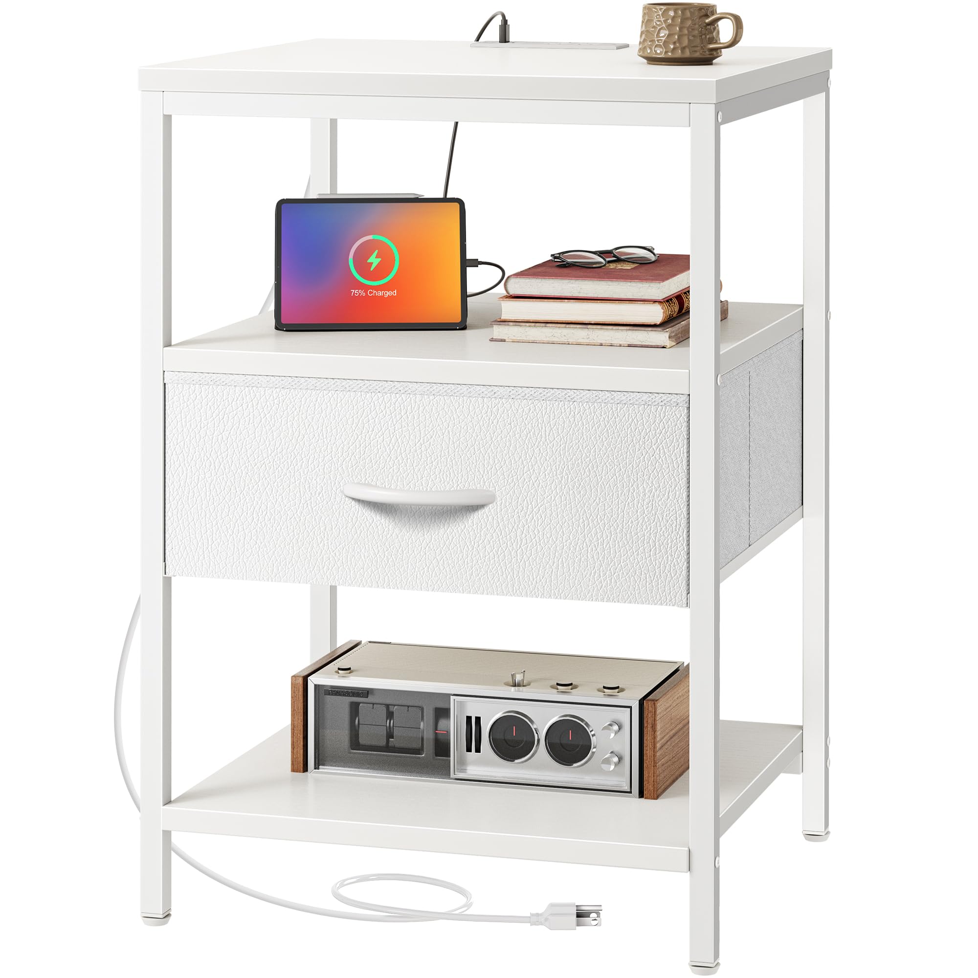 SUPERJARE Nightstand with Charging Station, Bed Side Table with Adjustable Fabric Drawer, Night Stand for Bedroom, 3-Tier Storage End Table, for Living Room, Rustic Brown and Black