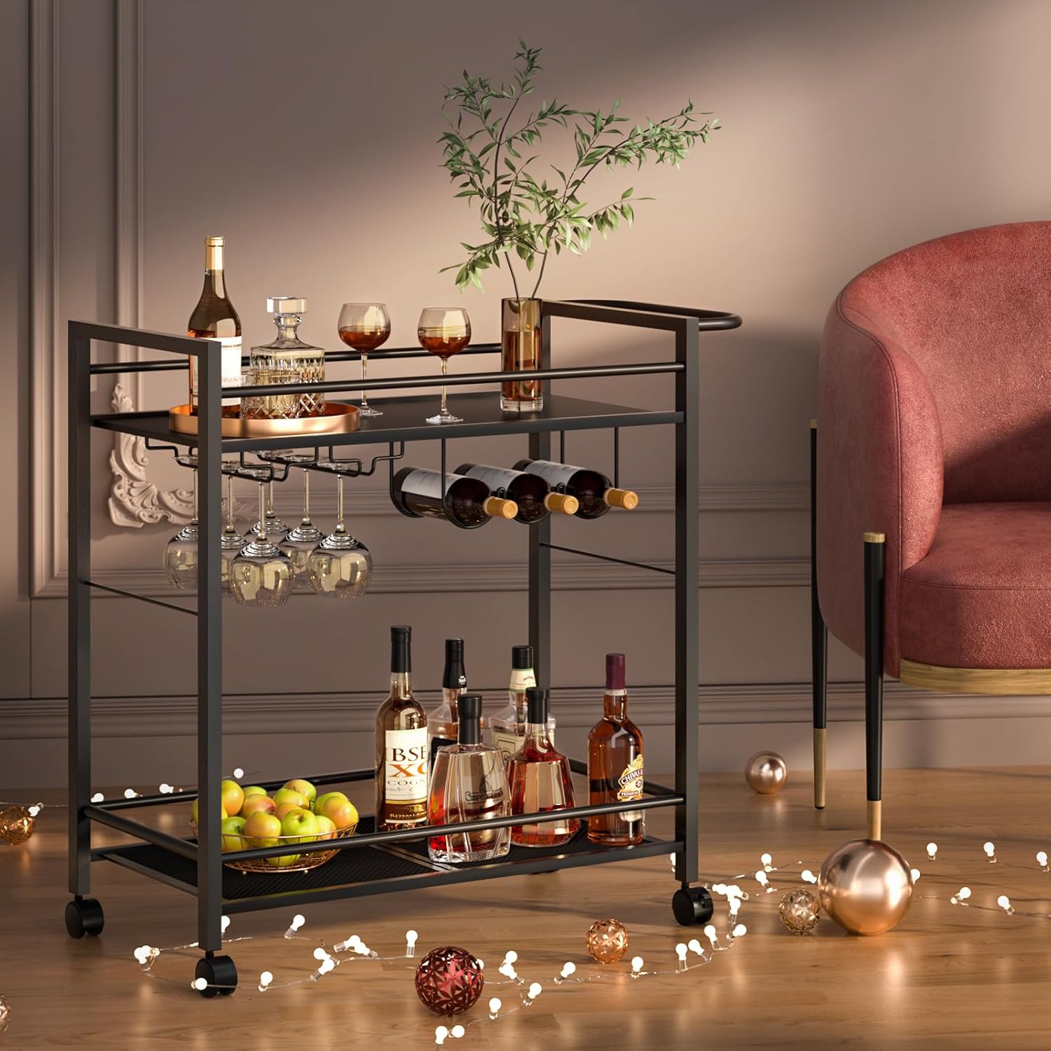 Bar Cart,Home Bar Serving Cart with Storage Shelves, 2 Tier Rolling Beverage Cart with Wheels, Modern Wine Cart with Wine Rack and Glass Holder for Kitchen, Living Room,Dinning Room,Black