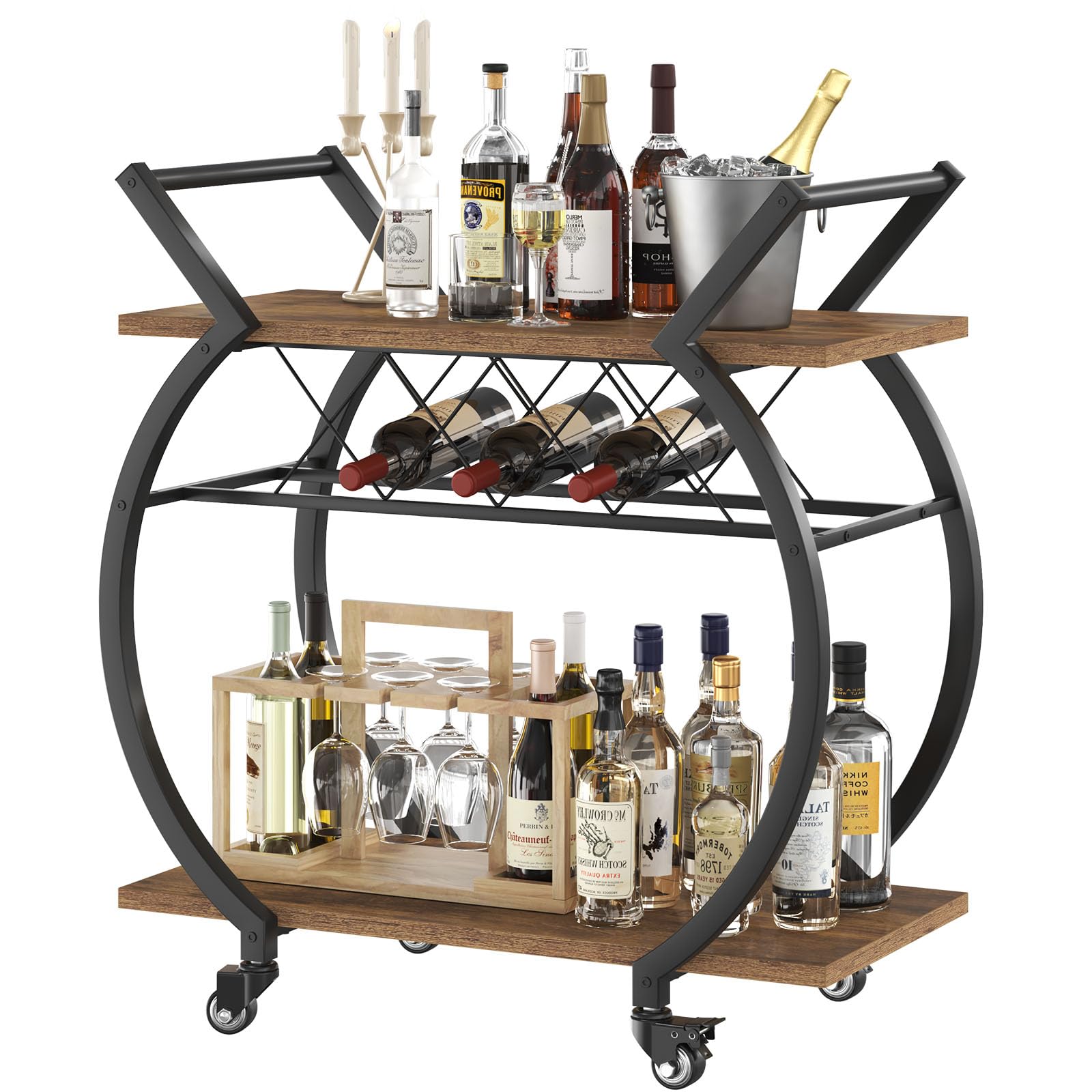 LVB Black Wine Cart with Wheels, Modern Bar Cart with Wine Rack, Industrial Beverage Rolling Kitchen Serving Cart with Storage, Metal Wooden Microwave Drink Liquor Cart for Home Dining Room, Black Oak