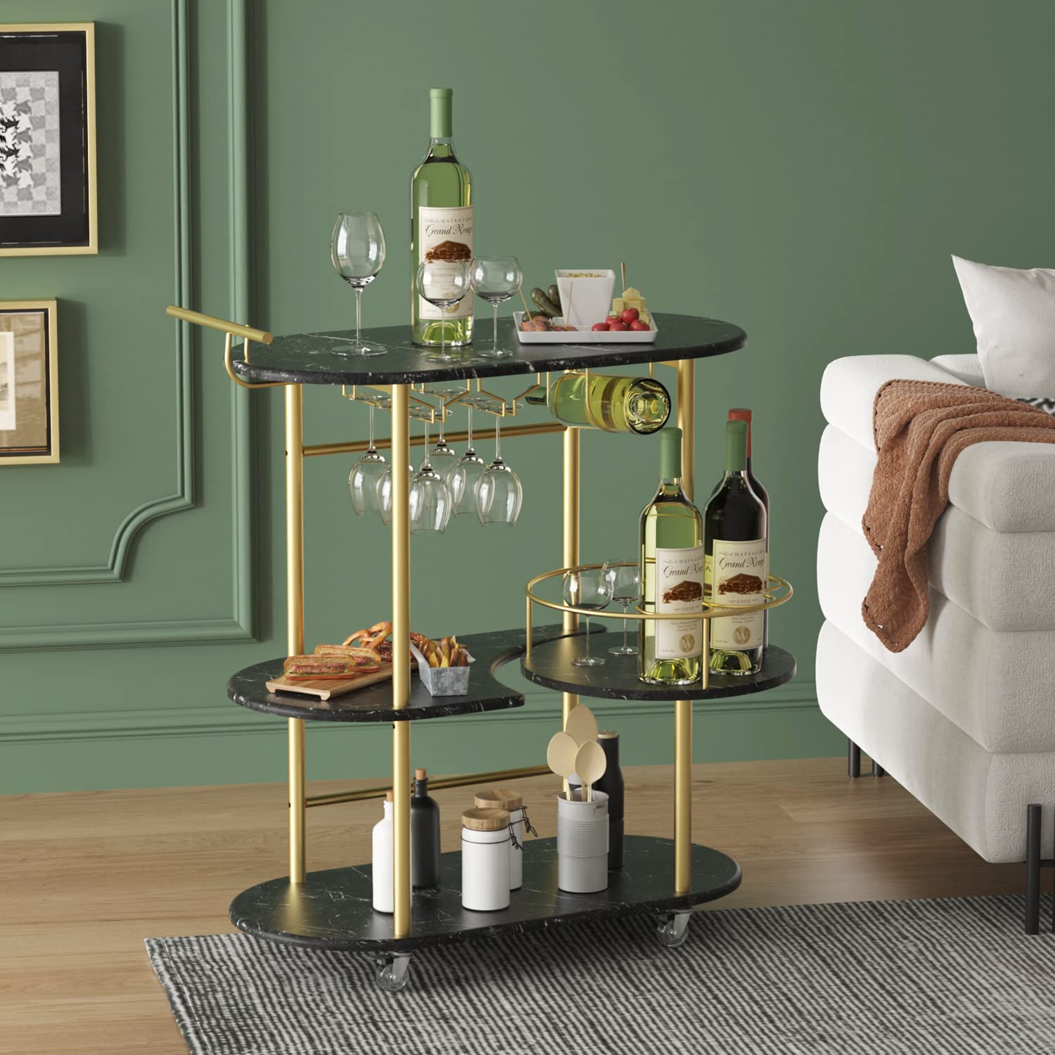 Gold Bar Carts with 4-Tier Storage Shelves, Mobile Bar Serving Cart with Wine Rack and Glass Holder, for The Home, Kitchen, Living Room, Dining Room