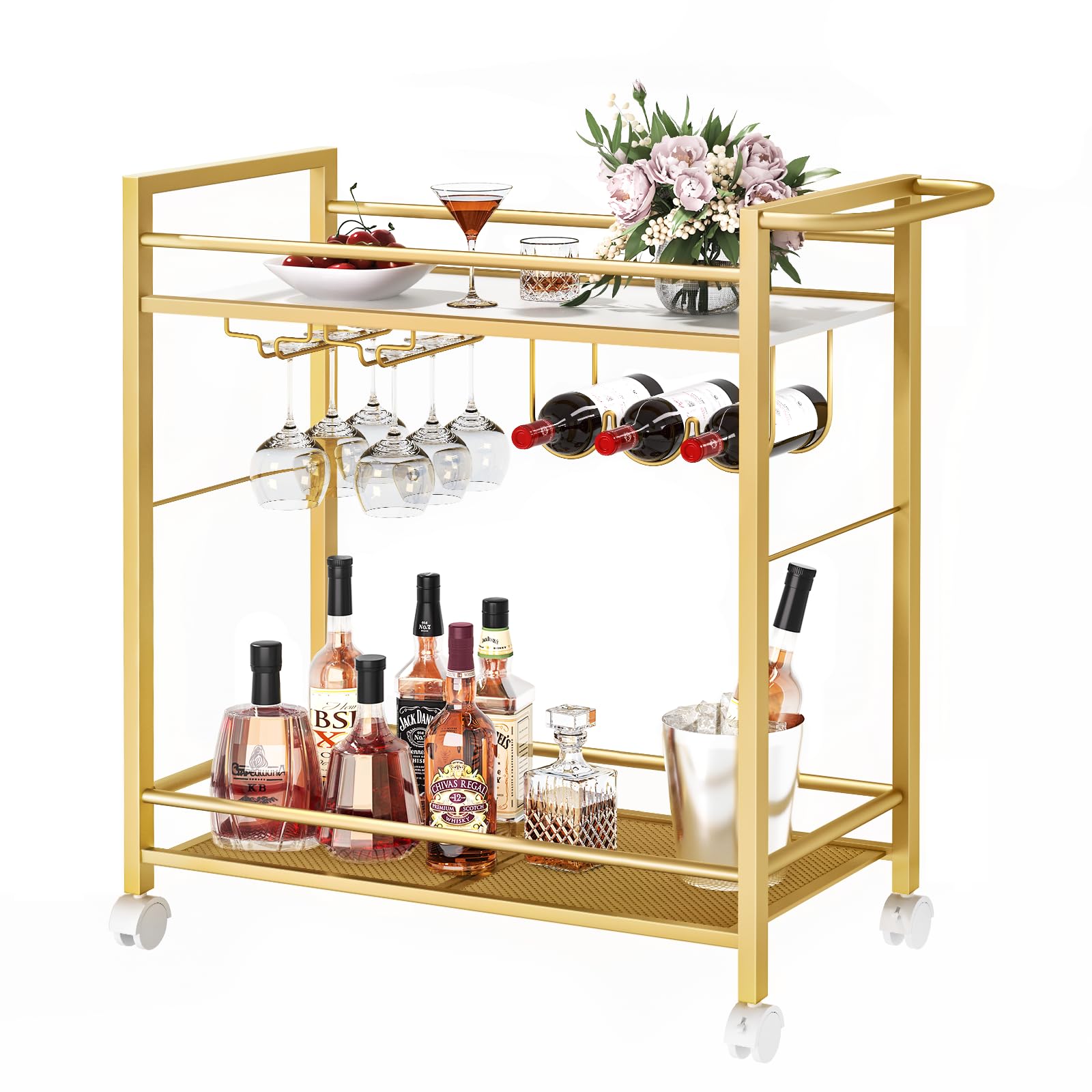 Bar Cart,Home Bar Serving Cart with Storage Shelves, 2 Tier Rolling Beverage Cart with Wheels, Modern Wine Cart with Wine Rack and Glass Holder for Kitchen, Living Room,Dinning Room,Black