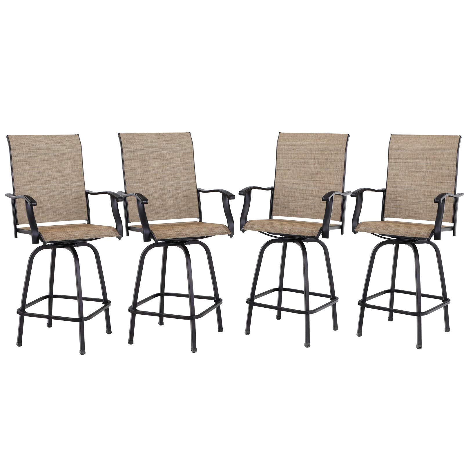 PHI VILLA Outdoor Bar Stools Set of 4, Swivel Patio Bar Stools & Chairs with 30" Seat Height & Brown Textilene Backrest, Tall Outdoor Chairs Bar Funiture for Outside, Porch and Yard