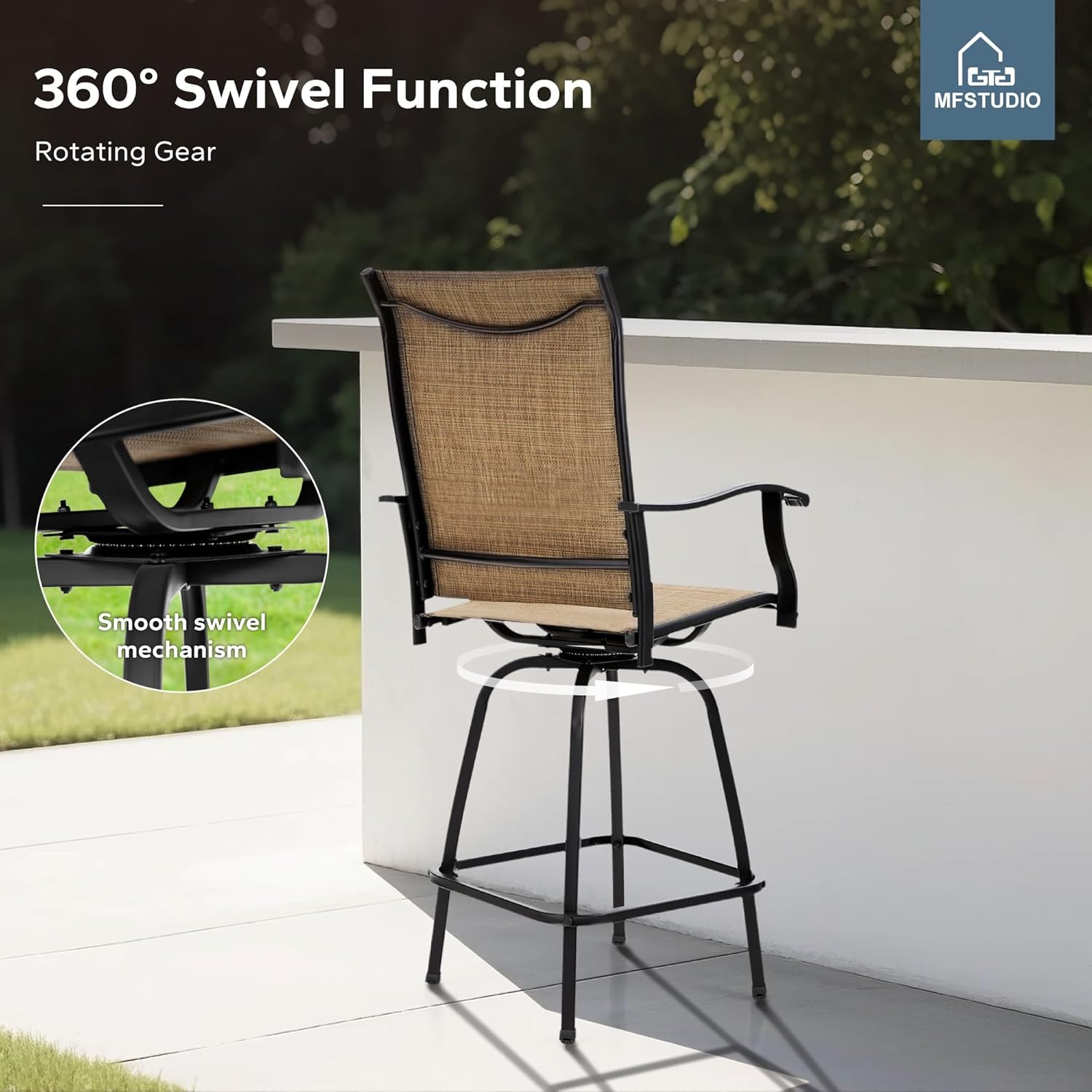 MFSTUDIO Outdoor Bar Stools Set of 4, Swivel Bar Height Patio Chairs Outdoor Barstools High Top Patio Swivel Bar Chairs, Breathable Textilene