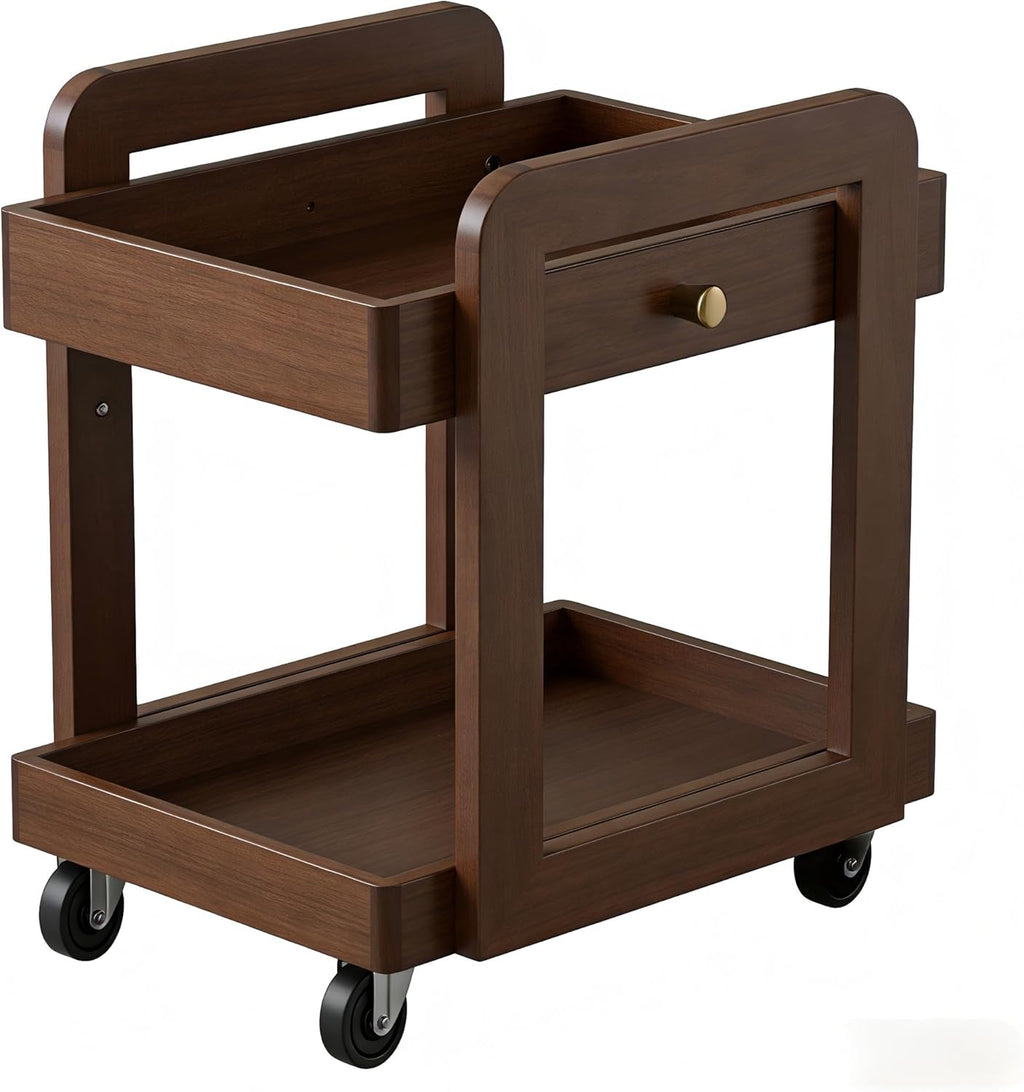 Solid Wood Bar Cart with Drawer, 2-Tier Mobile Side Table with Universal Wheels, Walnut Finish Storage Trolley for Living Room, Tea Room, Bedroom