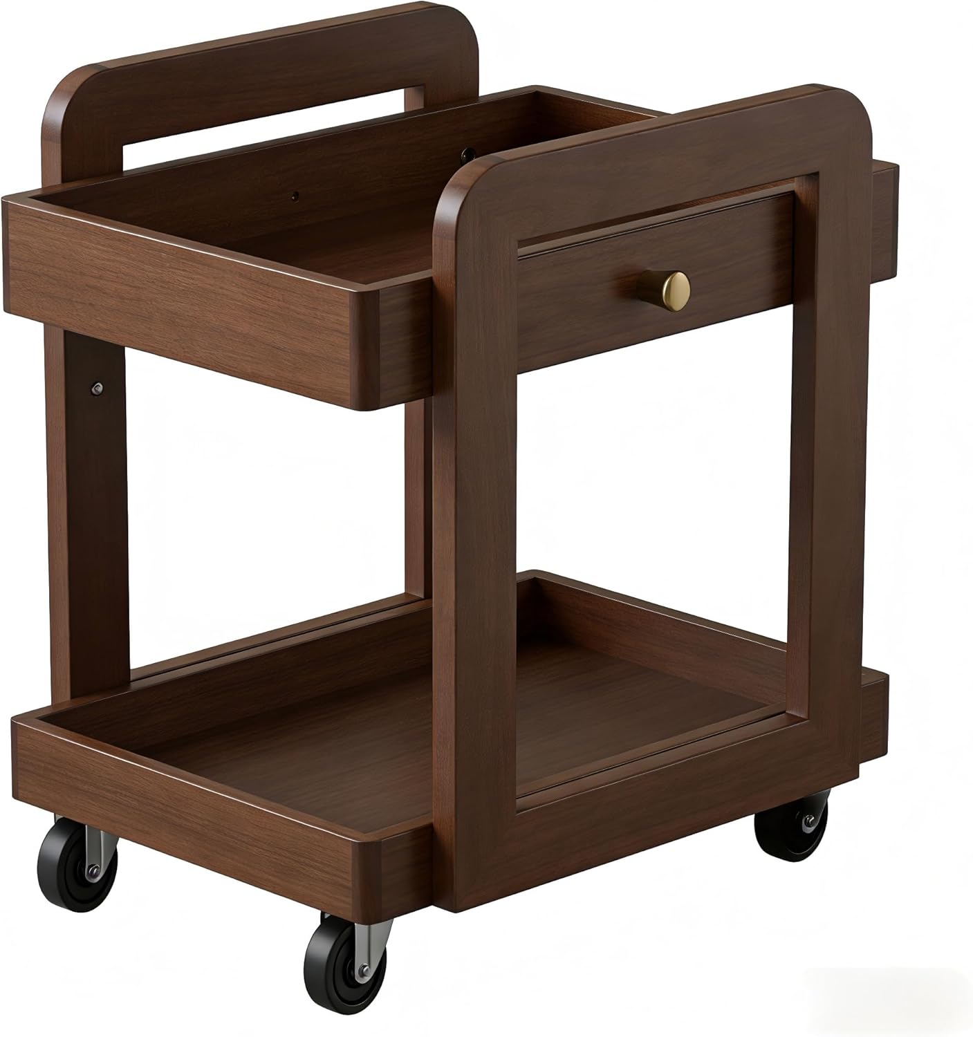 Solid Wood Bar Cart with Drawer, 2-Tier Mobile Side Table with Universal Wheels, Walnut Finish Storage Trolley for Living Room, Tea Room, Bedroom