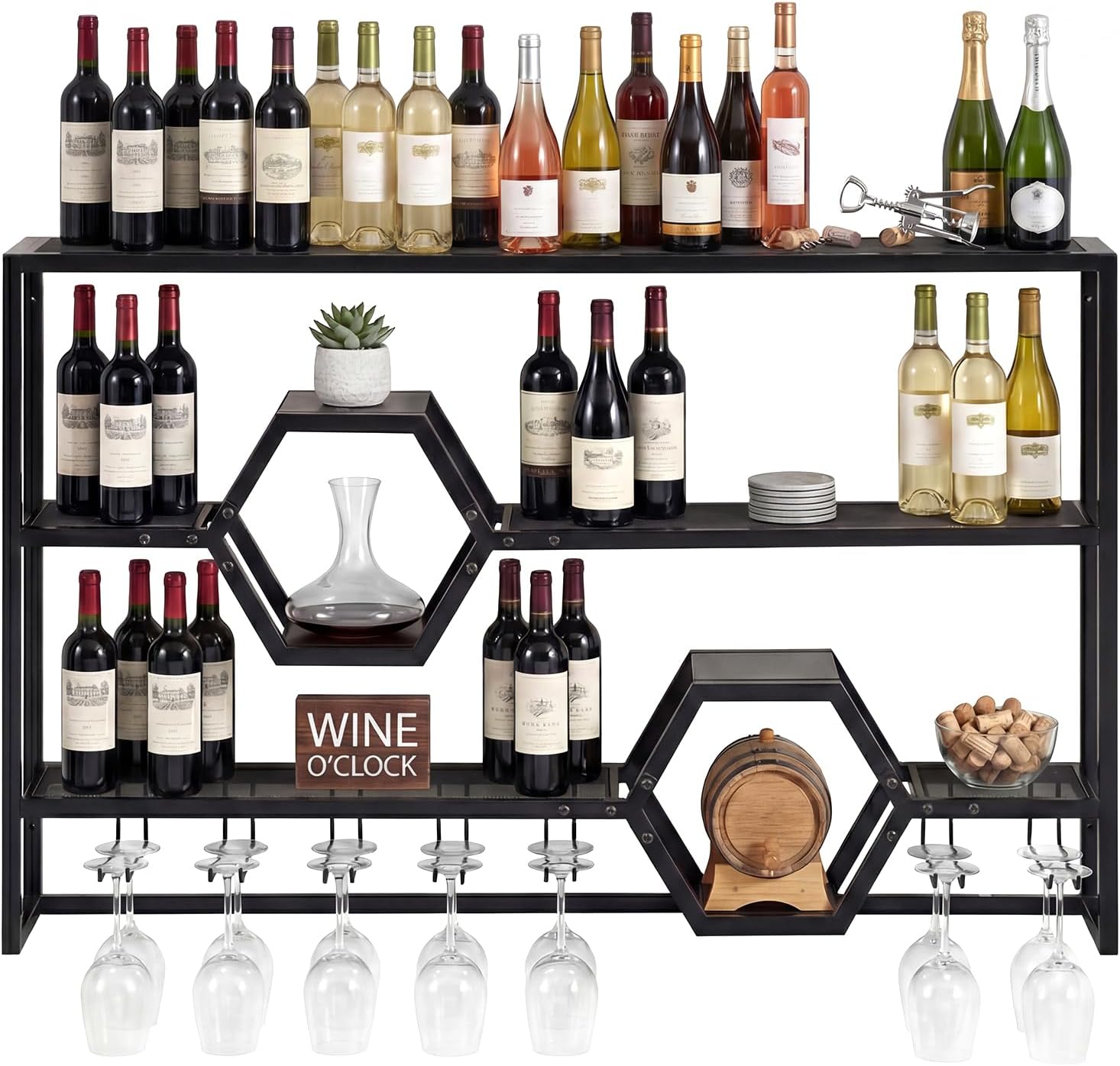 COSTWAY Wall Mounted Wine Rack, 3-Tier Metal Modern Liquor Shelves with 7 Glass Holders, Heavy-Duty Floating Rack Display Wine Bottle Storage Organizer for Kitchen, Dining Room, Home Bar (Black)