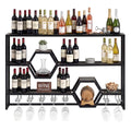COSTWAY Wall Mounted Wine Rack, 3-Tier Metal Modern Liquor Shelves with 7 Glass Holders, Heavy-Duty Floating Rack Display Wine Bottle Storage Organizer for Kitchen, Dining Room, Home Bar (Black)