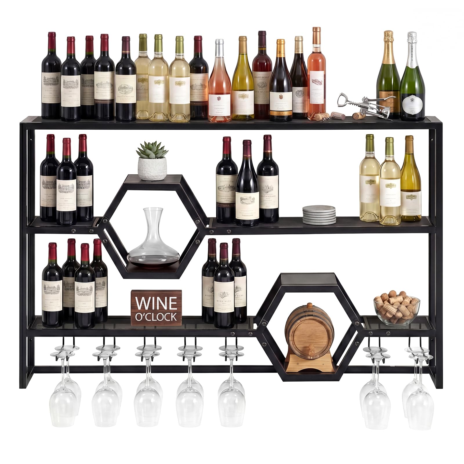 COSTWAY Wall Mounted Wine Rack, 3-Tier Metal Modern Liquor Shelves with 7 Glass Holders, Heavy-Duty Floating Rack Display Wine Bottle Storage Organizer for Kitchen, Dining Room, Home Bar (Black)
