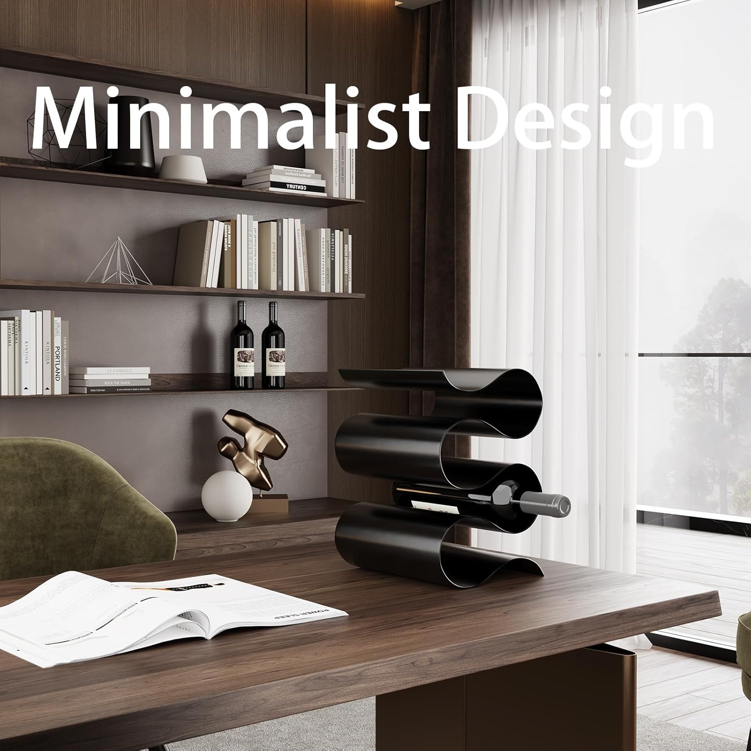 Black Wine Rack Countertop, Modern Metal Wine Rack for Inside Cabinet, Minimalist Small Wine Holder Tabletop, 5 Bottle Wine Display Stand for Wine Storage Organizer Home Kitchen Bar (Black)