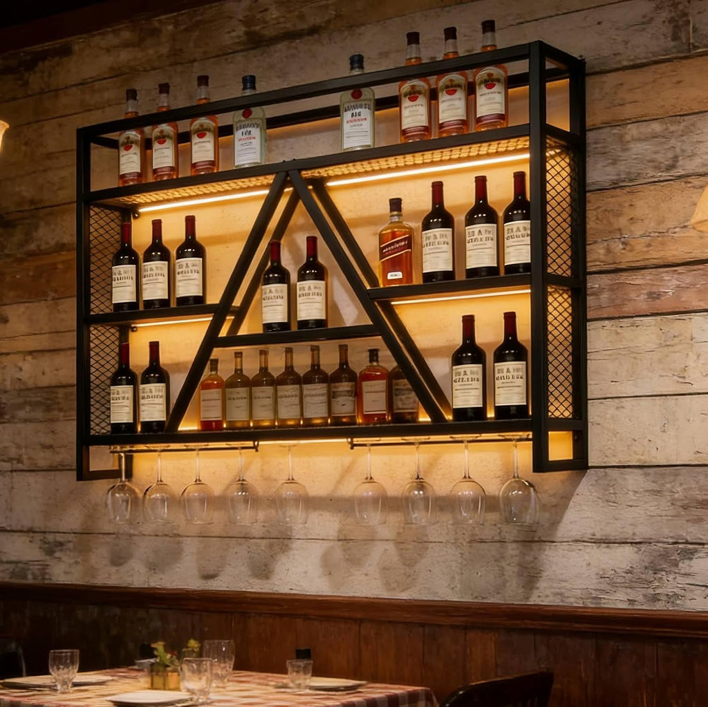 Wall Mounted Wine Rack with LED Lights, 39.4in Metal Wine Bottle and Glass Holder, A-Frame Bar Shelf for Kitchen, Bar, Cafe Wine Rack Background, (Black, 39.4 * 5.9 * 31.5INCHES)