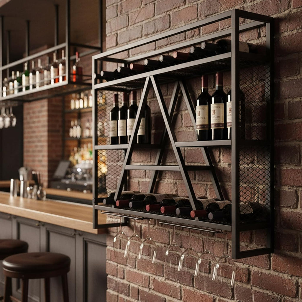 Wall Mounted Wine Rack with LED Lights, 39.4in Metal Wine Bottle and Glass Holder, A-Frame Bar Shelf for Kitchen, Bar, Cafe Wine Rack Background, (Black, 39.4 * 5.9 * 31.5INCHES)