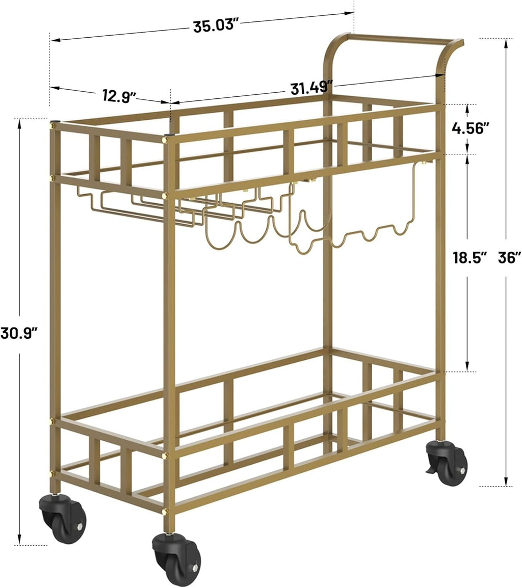 2-Tier Rolling Bar Cart with Mirrored Shelves, Portable Metal Beverage Cart with Wine Bottle Racks & Glass Holders, Compact Serving Cart on Wheels for Home, Kitchen, Dining Room, or Parties, Black