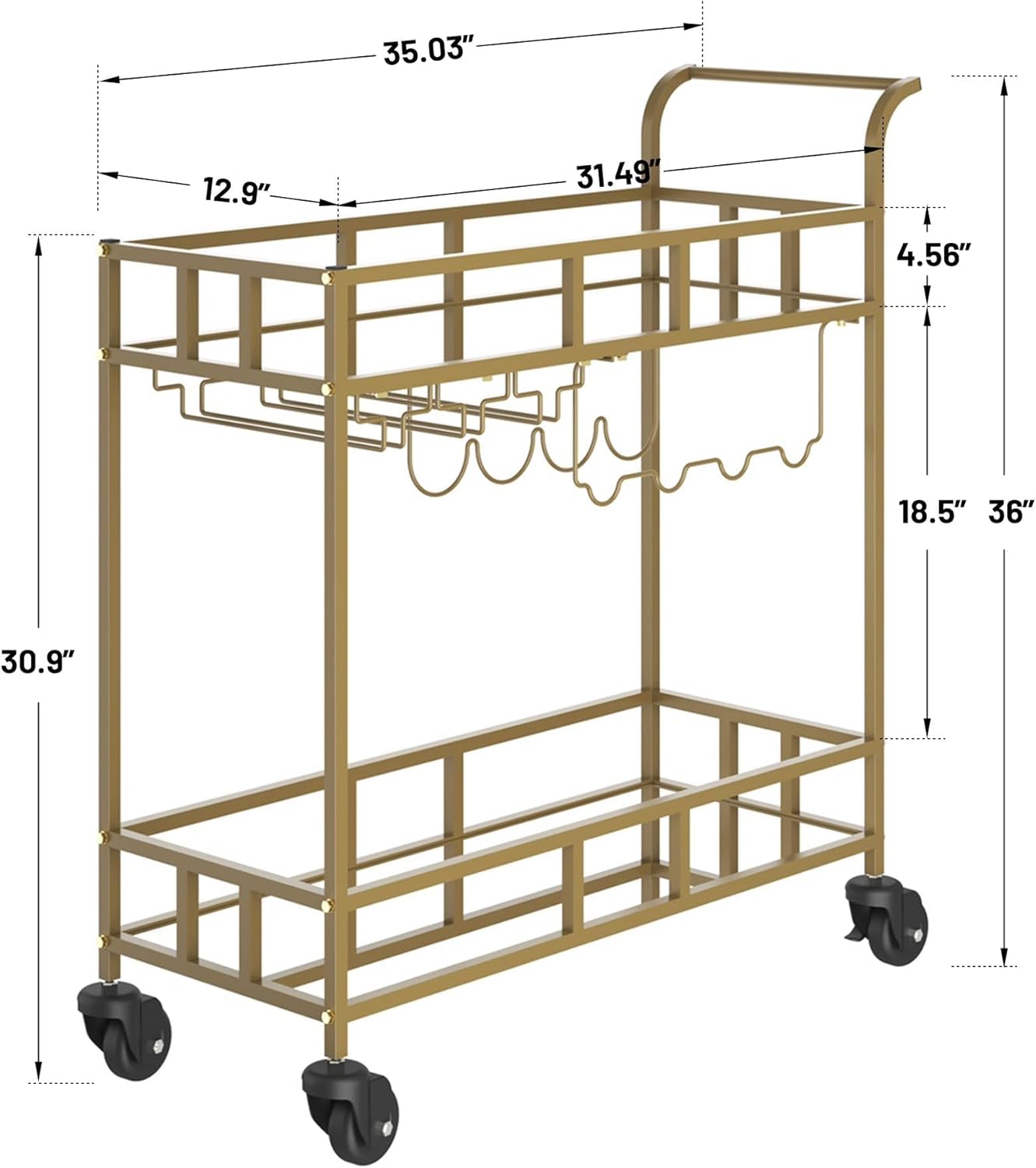 2-Tier Rolling Bar Cart with Mirrored Shelves, Portable Metal Beverage Cart with Wine Bottle Racks & Glass Holders, Compact Serving Cart on Wheels for Home, Kitchen, Dining Room, or Parties, Black