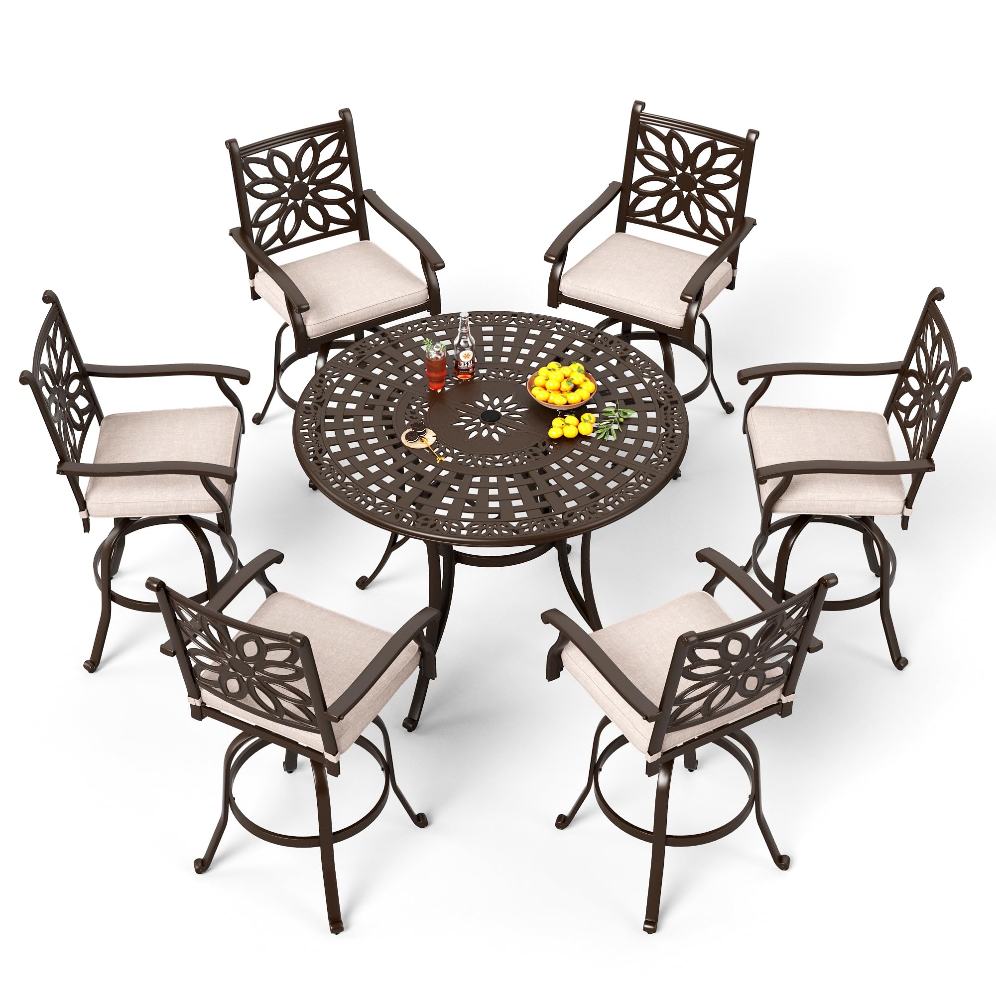 PHI VILLA Outdoor Swivel Bar Stools Set of 4, Cast Aluminum Patio Pub Height Bar Stool & Chairs with Seat Cushion