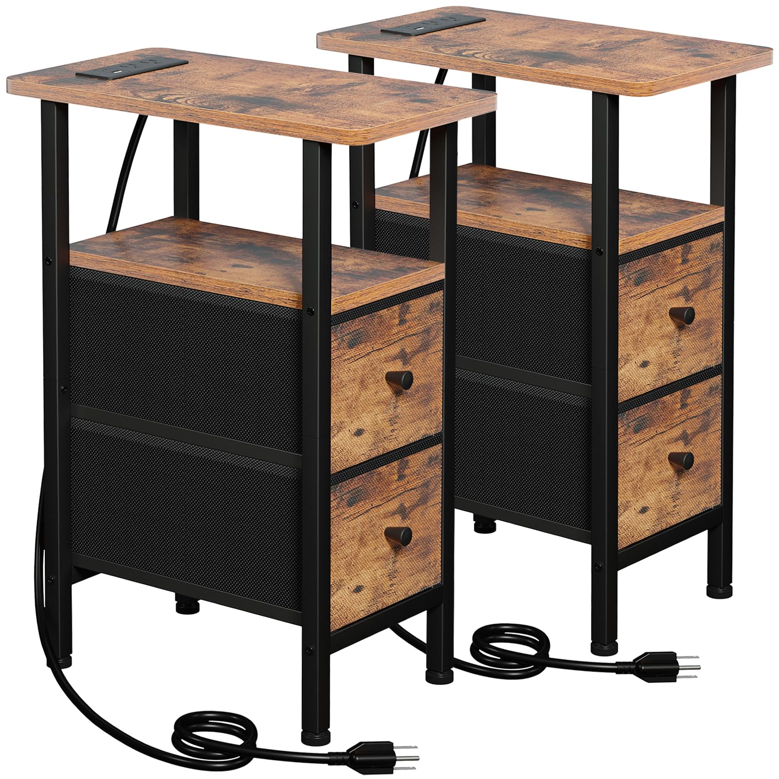 Narrow Nightstand with Charging Station, End Tables Living Room Set of 2, Skinny Side Table with Fabric Drawers, Slim Sofa Table for Bedroom, Small Spaces, Couch, Rustic Brown, HETNDP02PBR