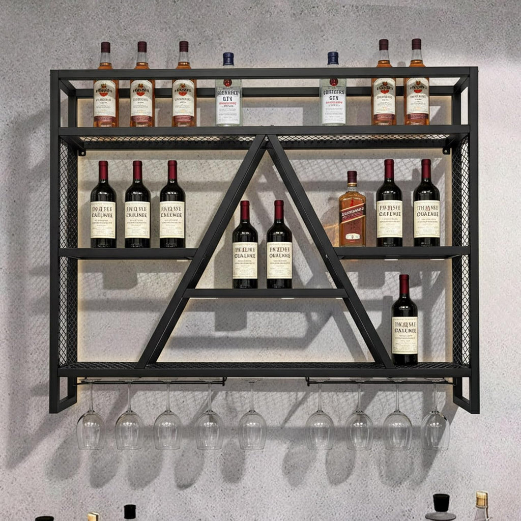 Wall Mounted Wine Rack with LED Lights, 39.4in Metal Wine Bottle and Glass Holder, A-Frame Bar Shelf for Kitchen, Bar, Cafe Wine Rack Background, (Black, 39.4 * 5.9 * 31.5INCHES)