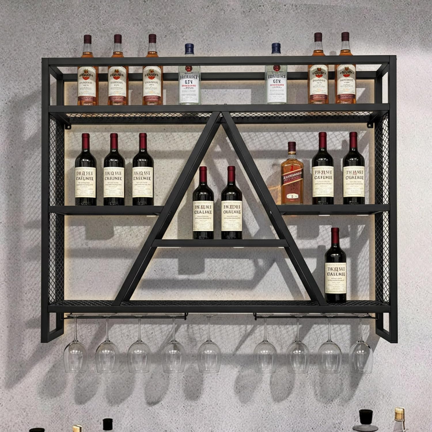 Wall Mounted Wine Rack with LED Lights, 39.4in Metal Wine Bottle and Glass Holder, A-Frame Bar Shelf for Kitchen, Bar, Cafe Wine Rack Background, (Black, 39.4 * 5.9 * 31.5INCHES)