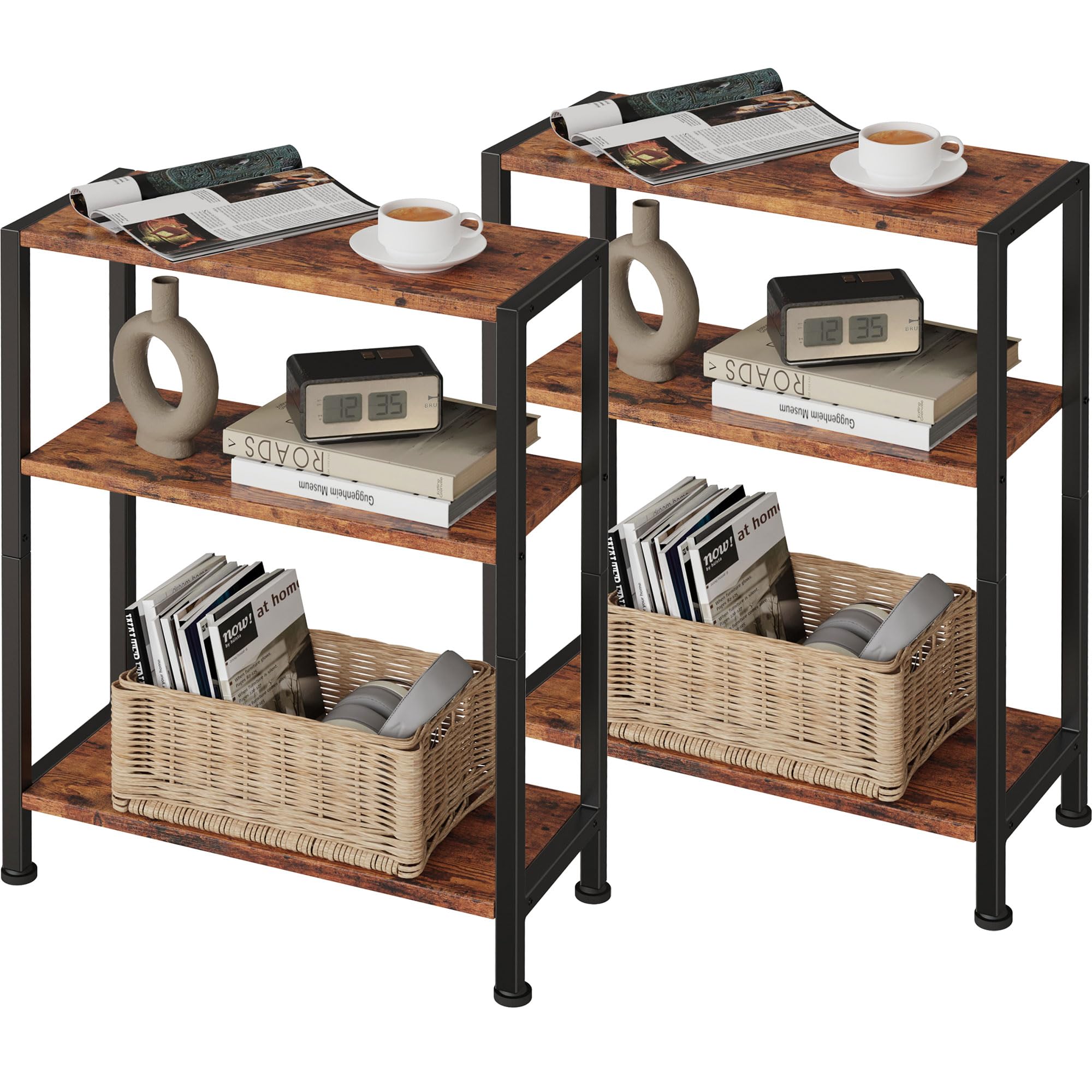 3-Tier Side Table, Small End Table, Sofa Side Table for Narrow Spaces, Slim End Table, Nightstand Table, for Living Room Bedroom Office, Rustic Brown