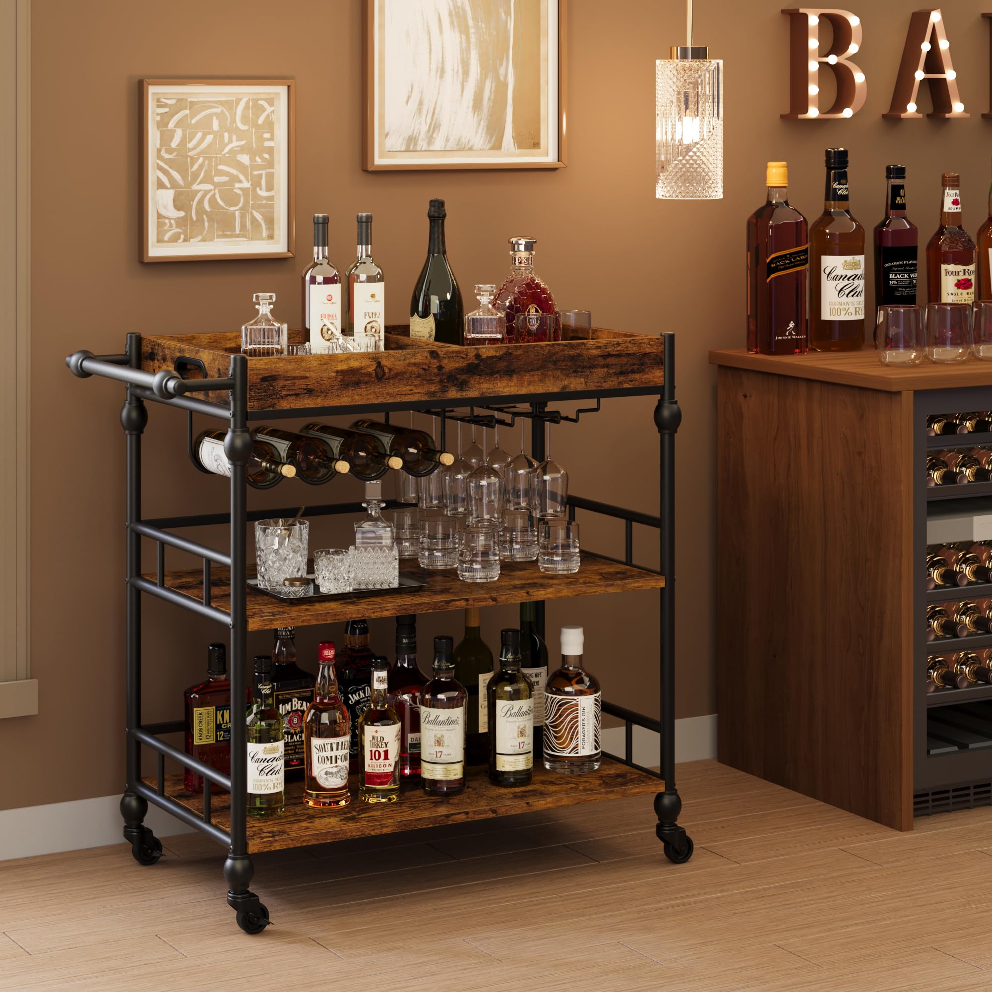 GarveeHome Bar Cart with Wheels, 3-Tier Serving Cart for Home, Mobile Rolling Beverage Cart with Wine Rack and Removable Tray for Kitchen, Dining, Living Room, 35.4" x 15.7" x 34.1", Black