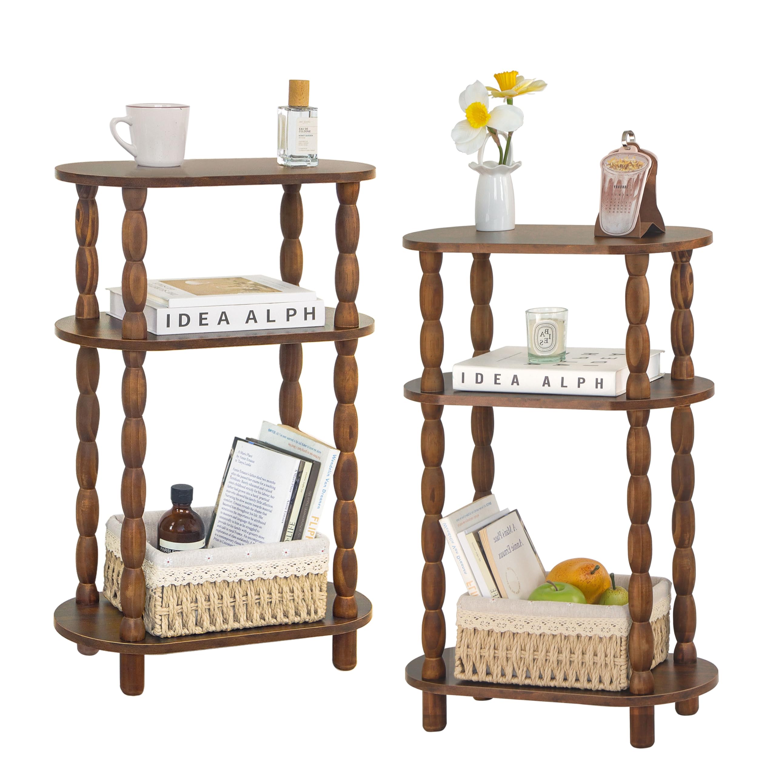 MaxSmeo Small Narrow Side Table, 3-Tier Narrow End Table with Storage, Skinny Side Table Nightstand for Small Space, Bedrooms, Living Room (Rustic Brown)