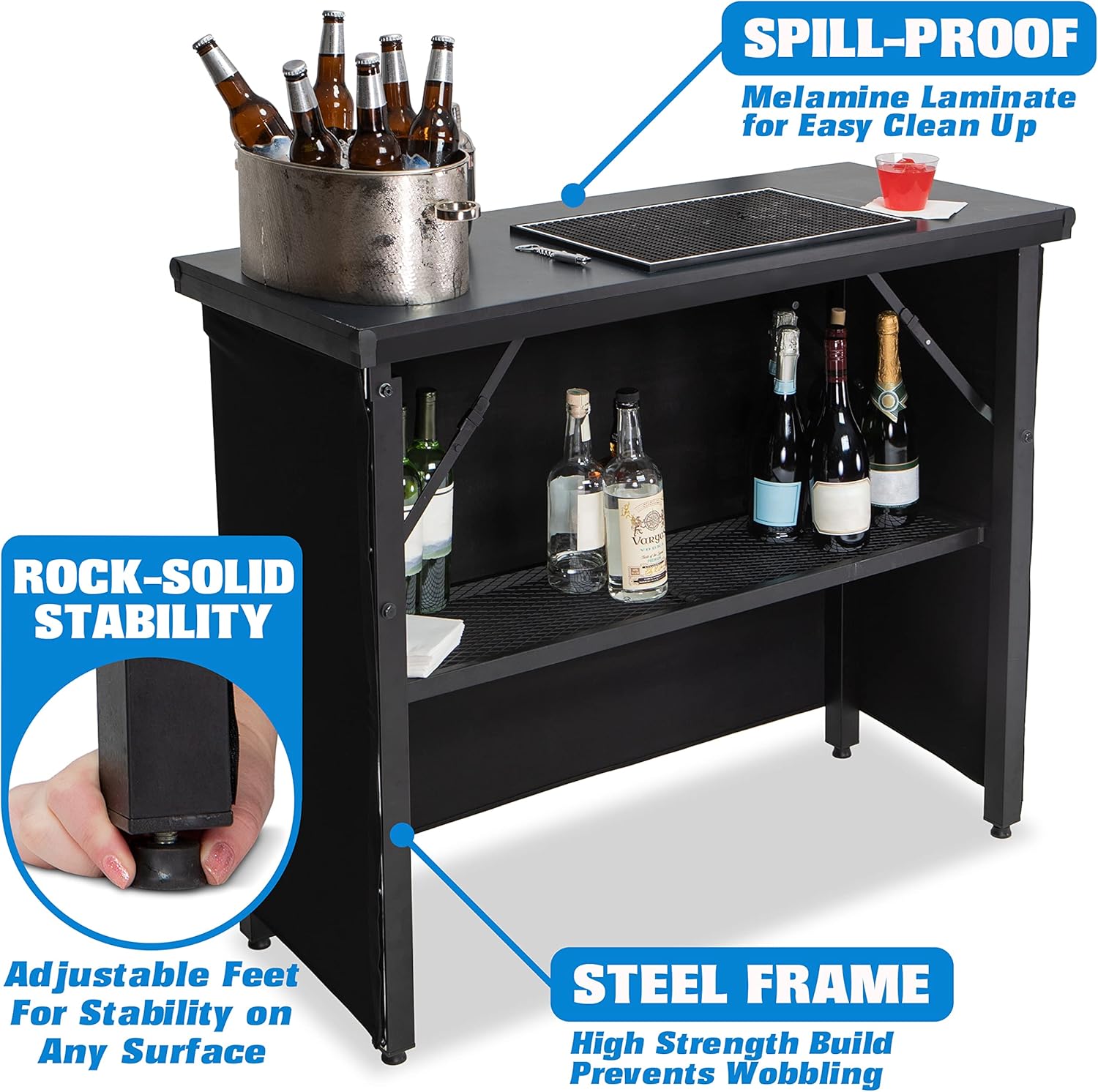 GoBar PRO Commercial Grade Portable Bar Table - Mobile Bartender Station for Events - Includes Black Skirt and Carry Case - Standard or LED