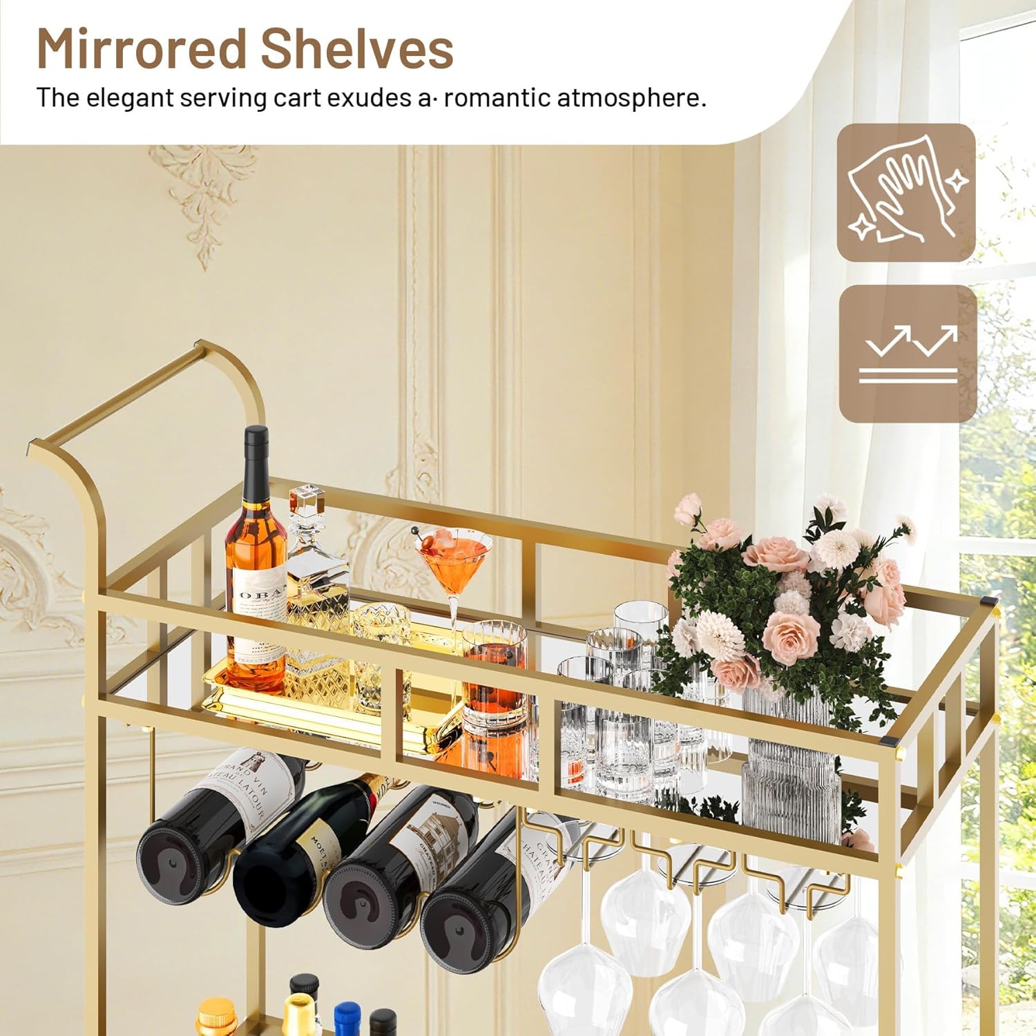 2-Tier Rolling Bar Cart with Mirrored Shelves, Portable Metal Beverage Cart with Wine Bottle Racks & Glass Holders, Compact Serving Cart on Wheels for Home, Kitchen, Dining Room, or Parties, Black