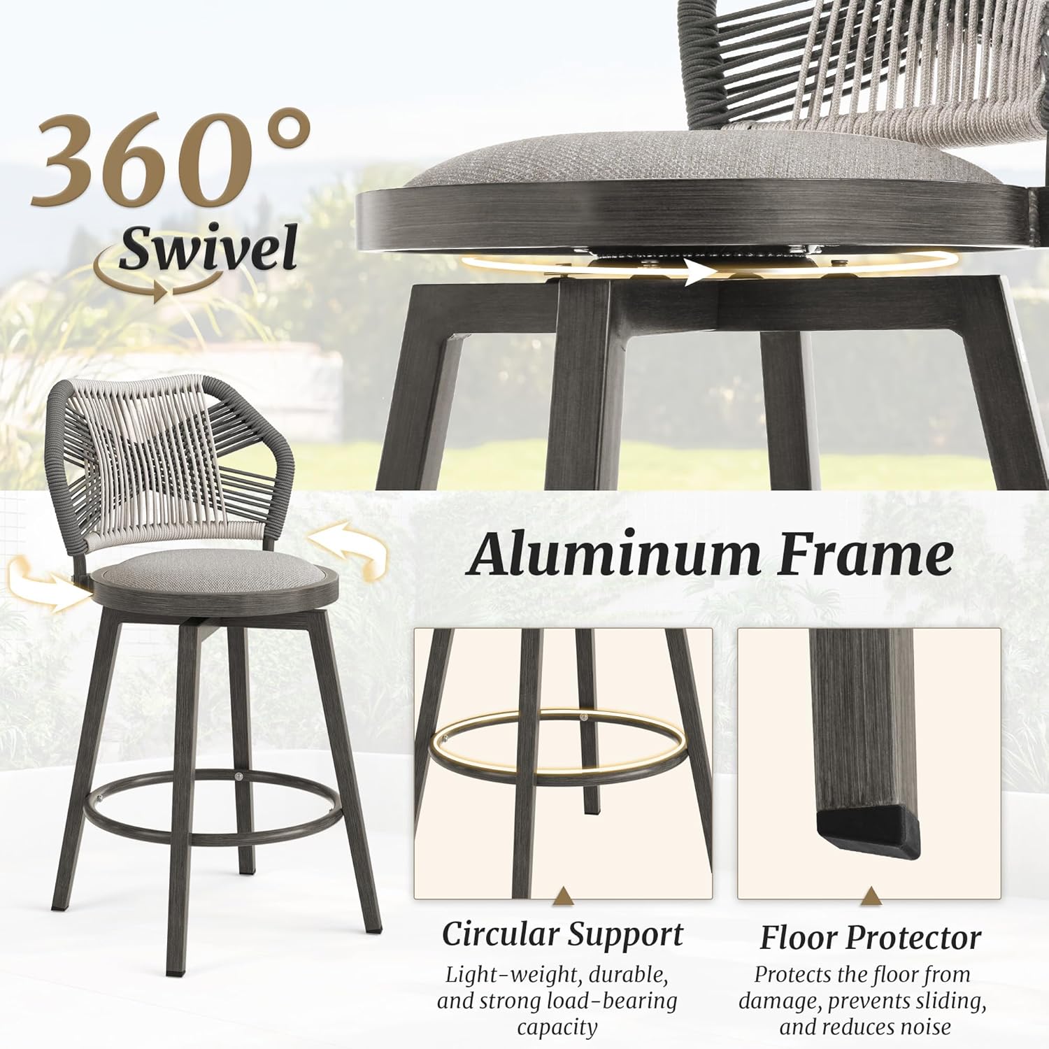 360° Swivel Outdoor Bar Stools Set of 4, Modern Aluminum Wicker Patio Chair with Olefin Rope Curved Backrest and Circular Cushion, Bar Stools for Patio, Garden, Kitchen, Mocha Grey