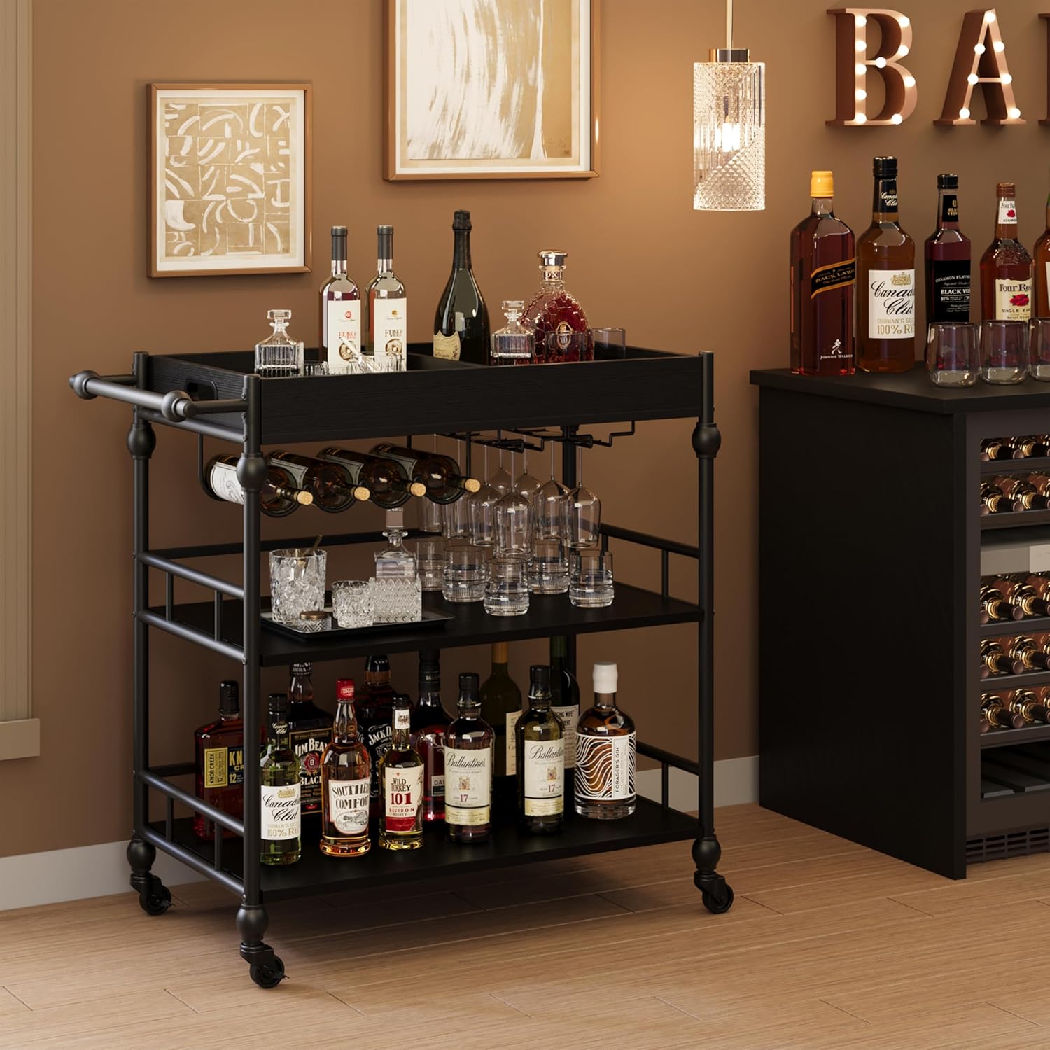 GarveeHome Bar Cart with Wheels, 3-Tier Serving Cart for Home, Mobile Rolling Beverage Cart with Wine Rack and Removable Tray for Kitchen, Dining, Living Room, 35.4" x 15.7" x 34.1", Black
