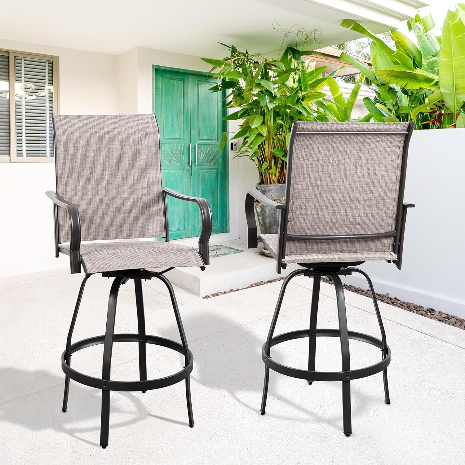 Vongrasig 2 Piece Patio Swivel Bar Chairs, All Weather Metal Textile High Swivel Bar Stools Chairs, Outdoor High Top Bistro Set for Backyard, Lawn Garden, Balcony, Taupe