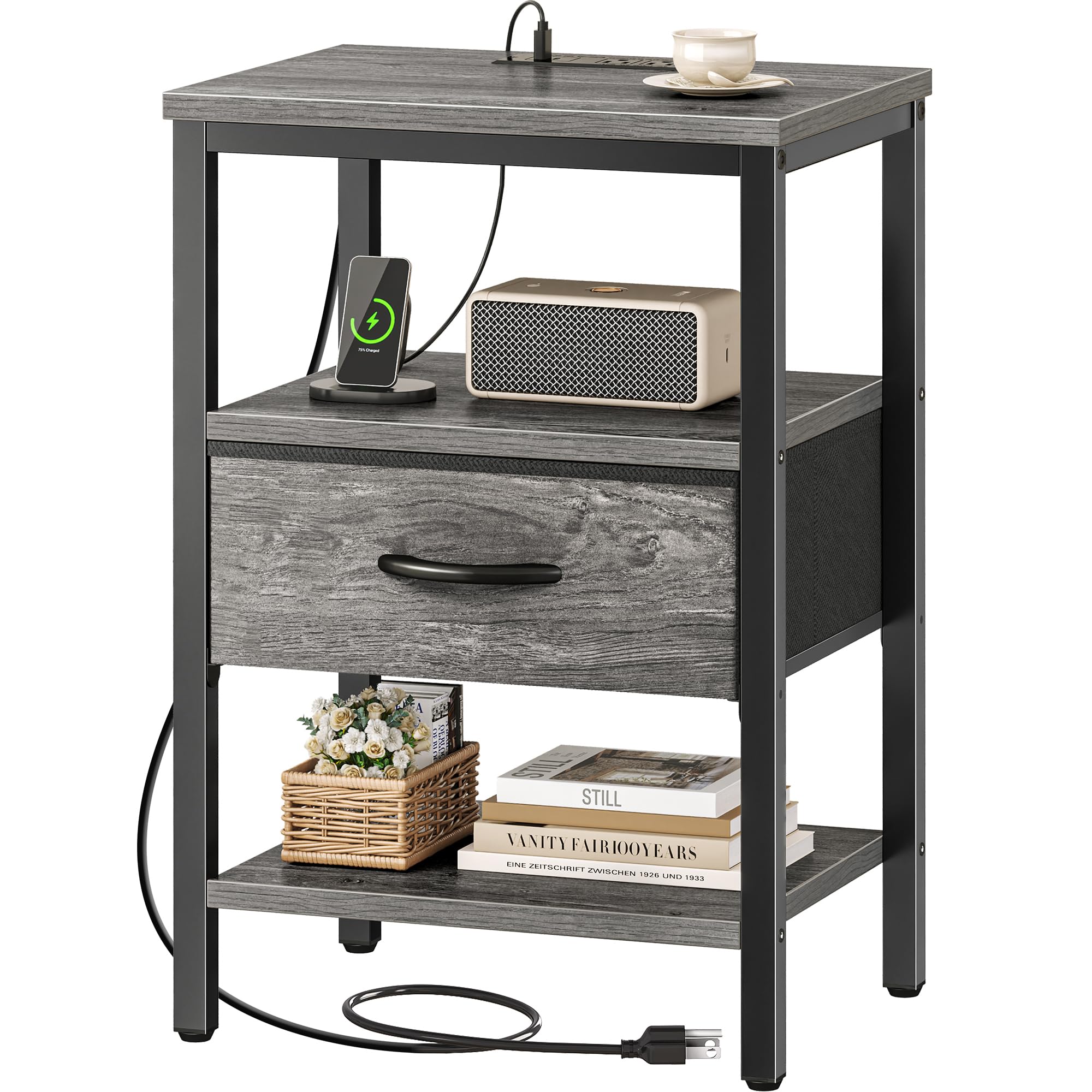 SUPERJARE Nightstand with Charging Station, Bed Side Table with Adjustable Fabric Drawer, Night Stand for Bedroom, 3-Tier Storage End Table, for Living Room, Rustic Brown and Black