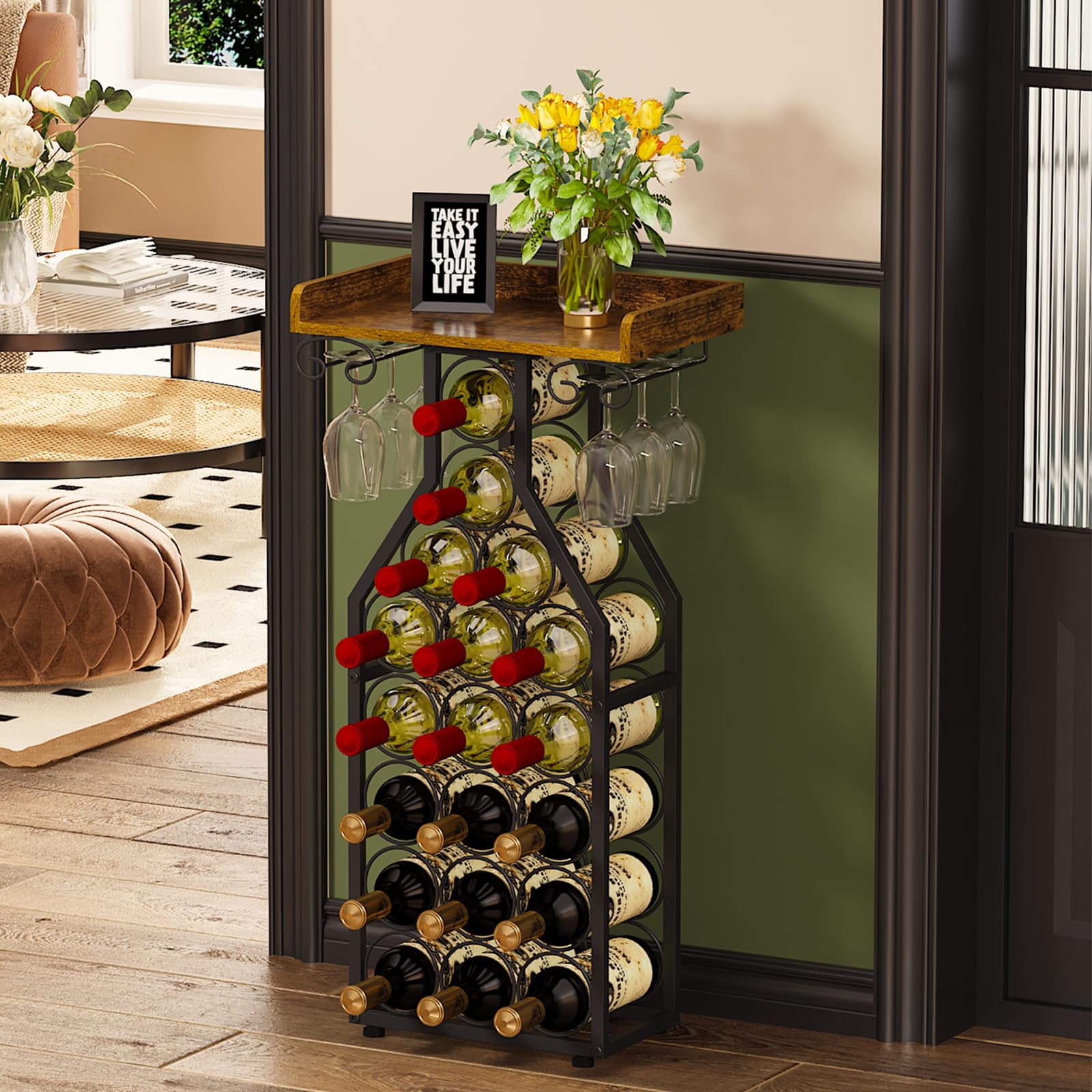 X-cosrack Wine Rack Freestanding Floor, Mini Bar Table Wine Holder Stand Liquor Cabinet with Glass Holder Wood Tabletop 14 Bottles Floor Wine Storage for Home Bar Kitchen Living Room