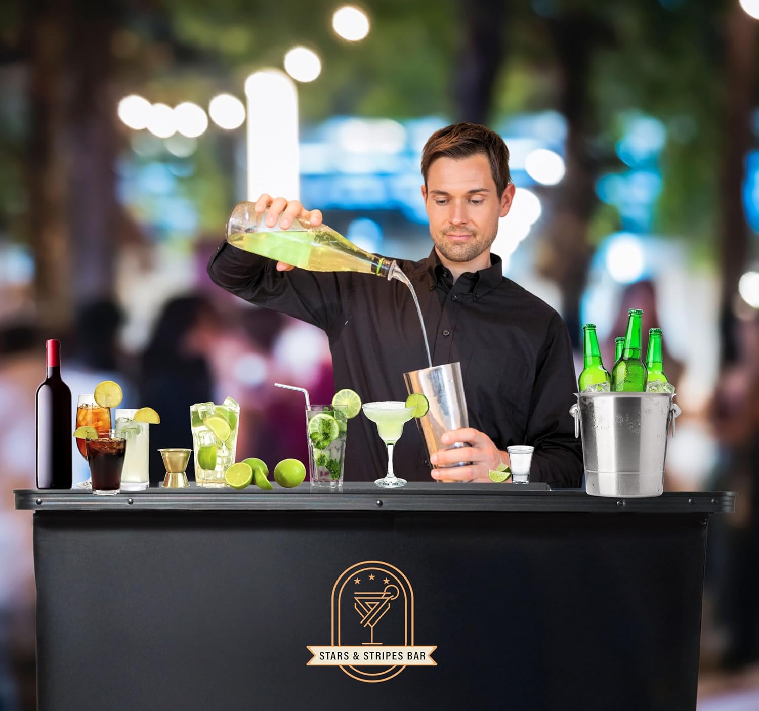 Professional Grade Outdoor Portable Bar Station with Black Skirt - Mobile Travel Table Set - Bartender Folding Stand Alone Counter Table