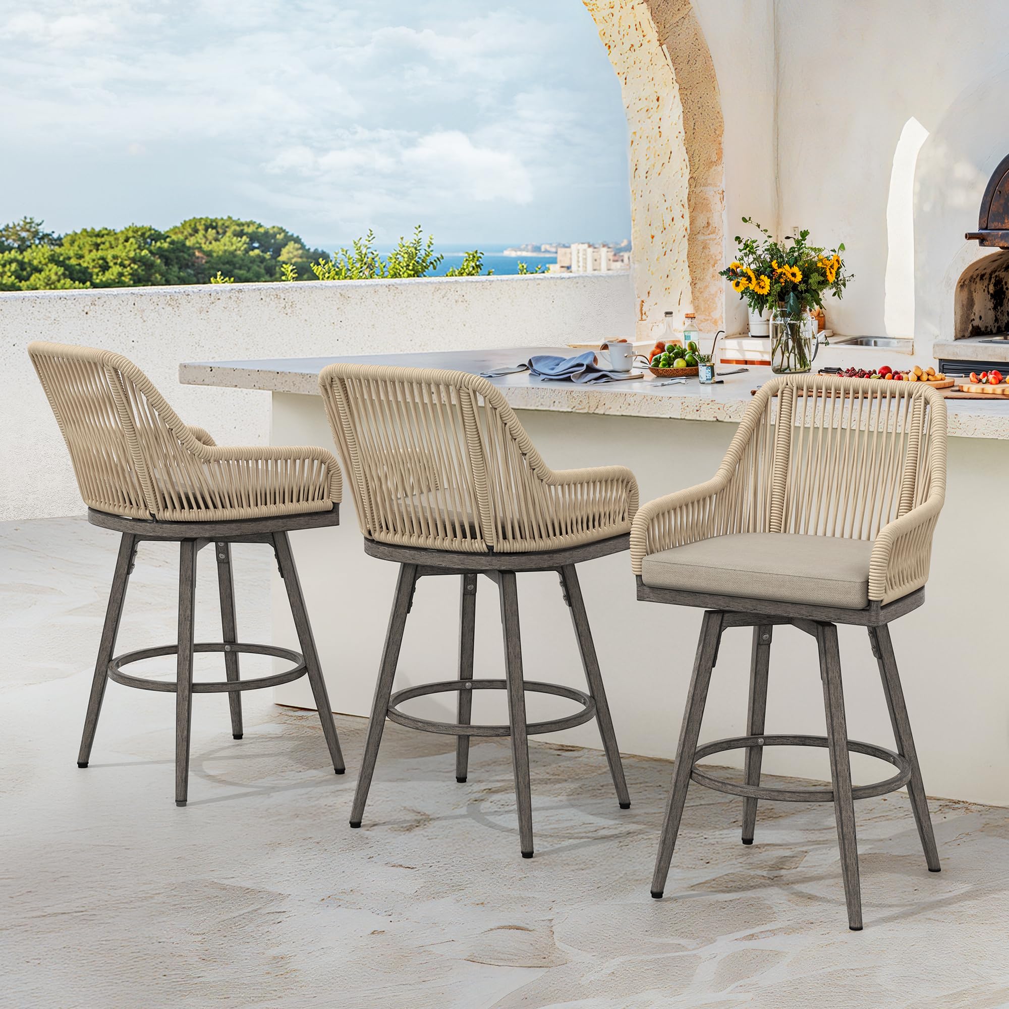 360° Swivel Outdoor Bar Stools Set of 4, Modern Aluminum Wicker Patio Chair with Olefin Rope Curved Backrest and Circular Cushion, Bar Stools for Patio, Garden, Kitchen, Mocha Grey