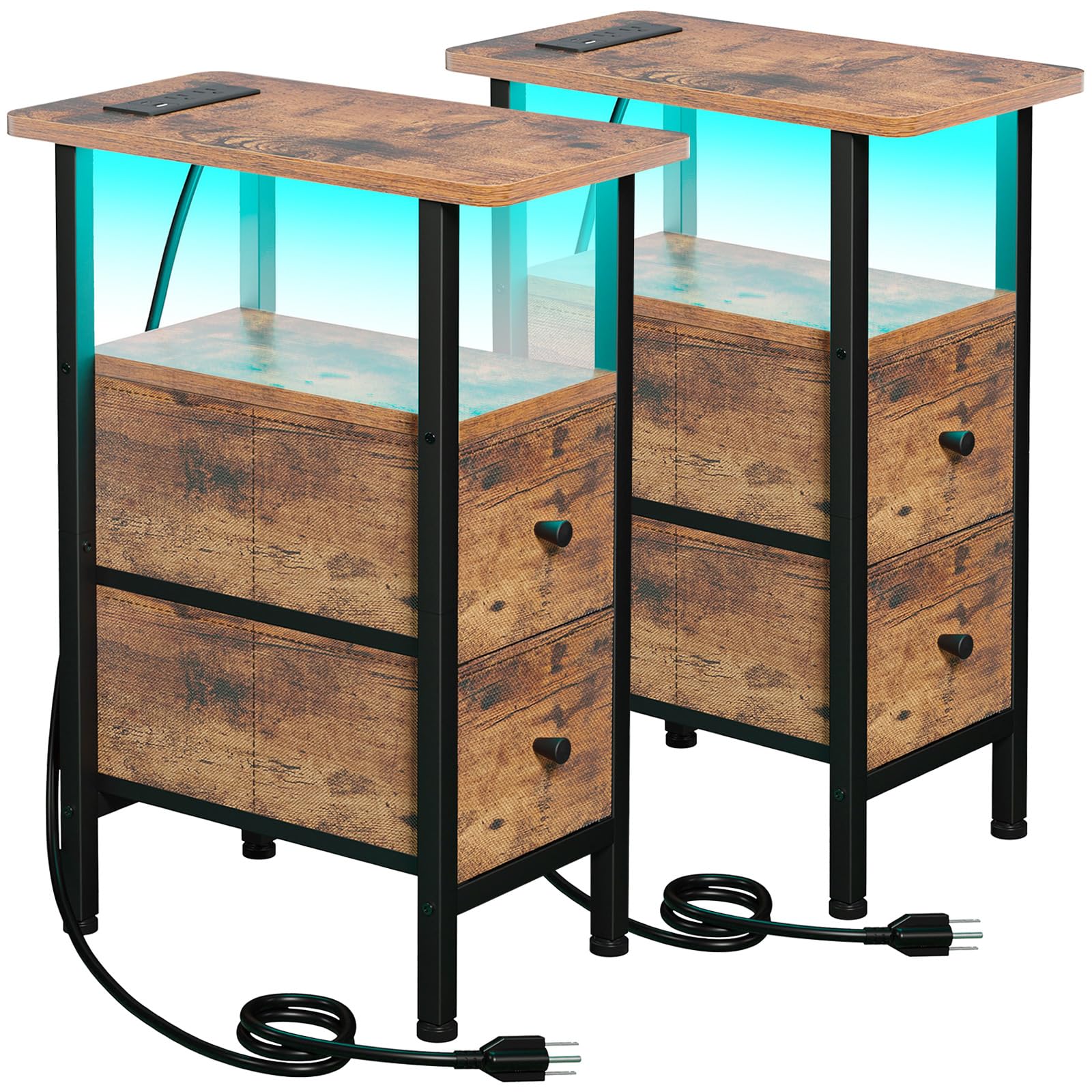 Narrow Nightstand with Charging Station, End Tables Living Room Set of 2, Skinny Side Table with Fabric Drawers, Slim Sofa Table for Bedroom, Small Spaces, Couch, Rustic Brown, HETNDP02PBR