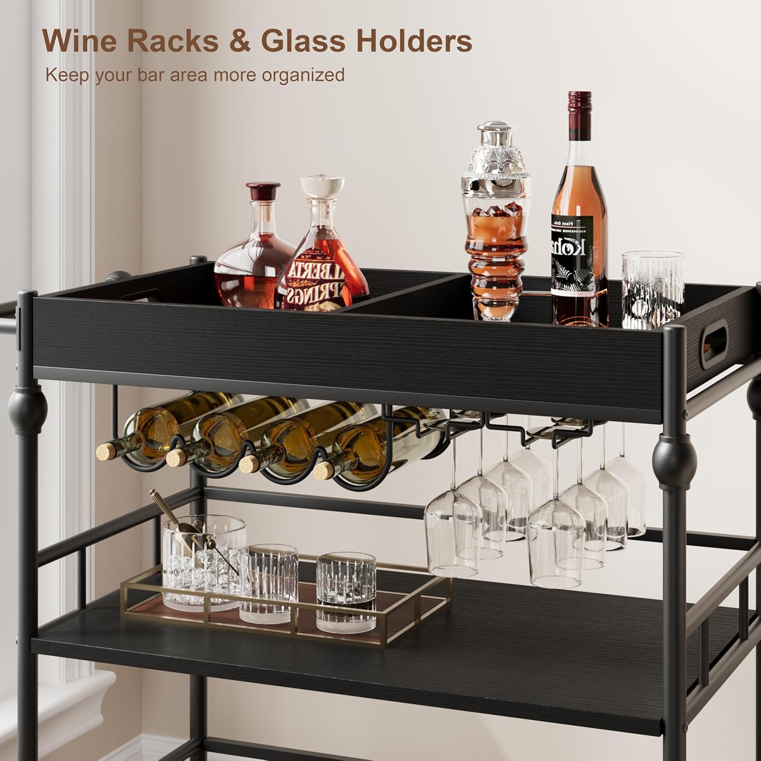 GarveeHome Bar Cart with Wheels, 3-Tier Serving Cart for Home, Mobile Rolling Beverage Cart with Wine Rack and Removable Tray for Kitchen, Dining, Living Room, 35.4" x 15.7" x 34.1", Black