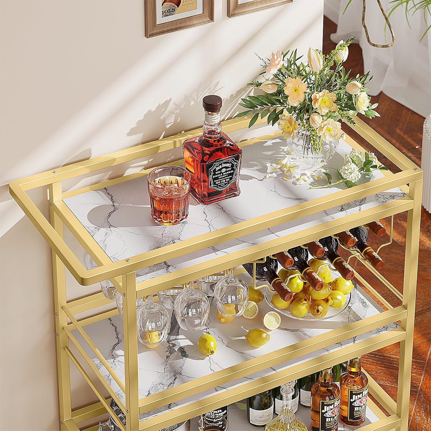 Leteuke Bar Cart for Home, 3 Tier Gold Serving Rolling Carts with Wheels, Drink Cart, Liquor Stand with Marbled Wooden Shelves, Wine Rack and Glass Holder for Kitchen, Dining Room