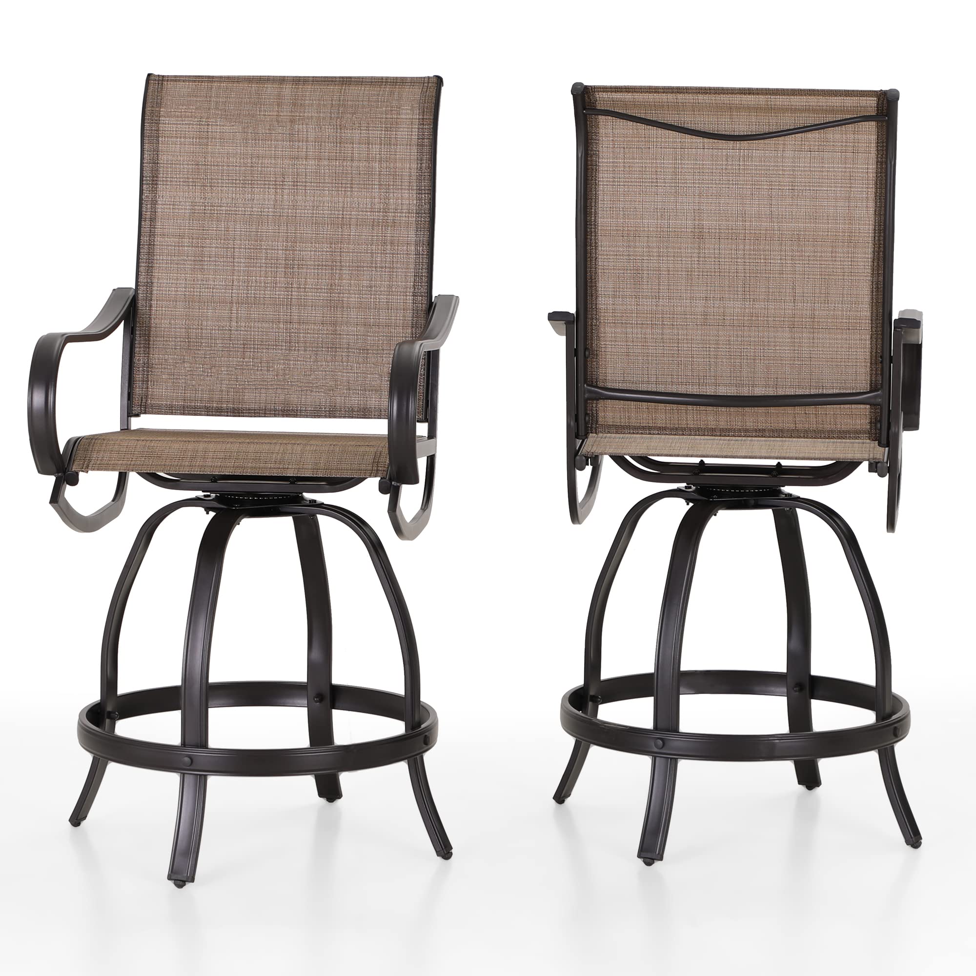 PHI Villa Outdoor Swivel Bar Stools Set of 4, Counter Height Patio Chairs with Waterproof Textile Fabric Brown, Rustproof Metal Frame & Circular Footrest for Poolside, Garden, Yard