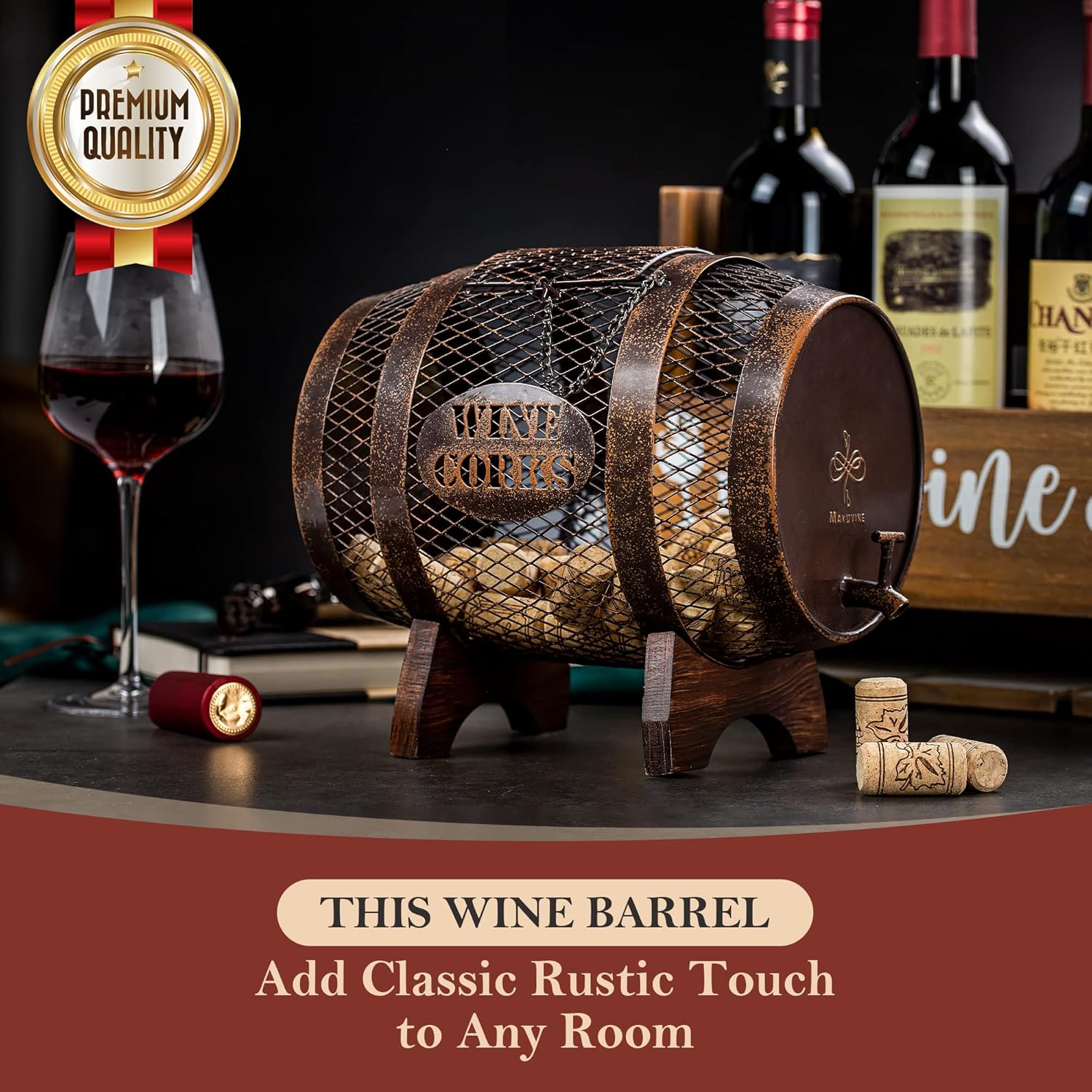 Rustic Metal Large Barrel Wine Cork Holder Display On Wooden Stand, Container for Display, Home Decor, Housewarming Gifts, Home Bar Decor, Wine Gifts, Engagement Gifts, Kitchen Decor