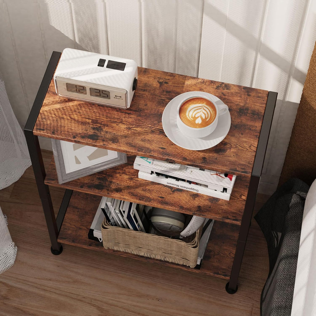 3-Tier Side Table, Small End Table, Sofa Side Table for Narrow Spaces, Slim End Table, Nightstand Table, for Living Room Bedroom Office, Rustic Brown
